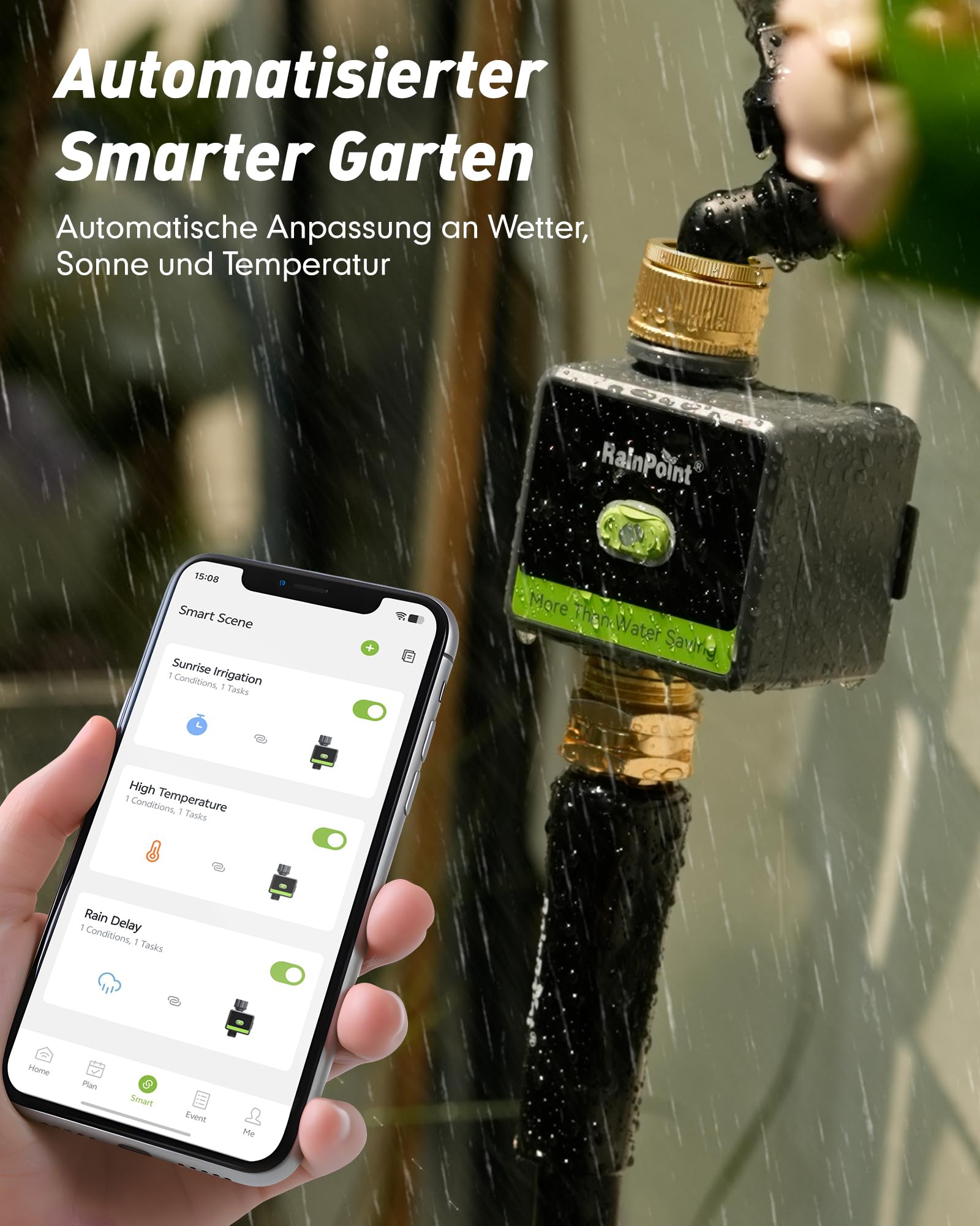 RAINPOINT Bewässerungscomputer WLAN, Smart WiFi Bewässerungssteuerung mit Messing EIN- und Auslass & 100m Gateway, Wetter/Boden-basierte Automatische Bewässerung für Garten & Rasen, Schwarz