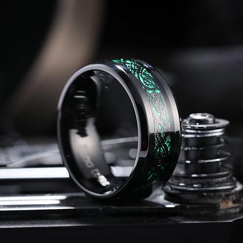 Miniatura 3 de King Will DRAGON - Anillo de carburo de tungsteno para hombre, 0.315 in, plateado, azul, negro, dragón celta, alianza de boda, acabado pulido