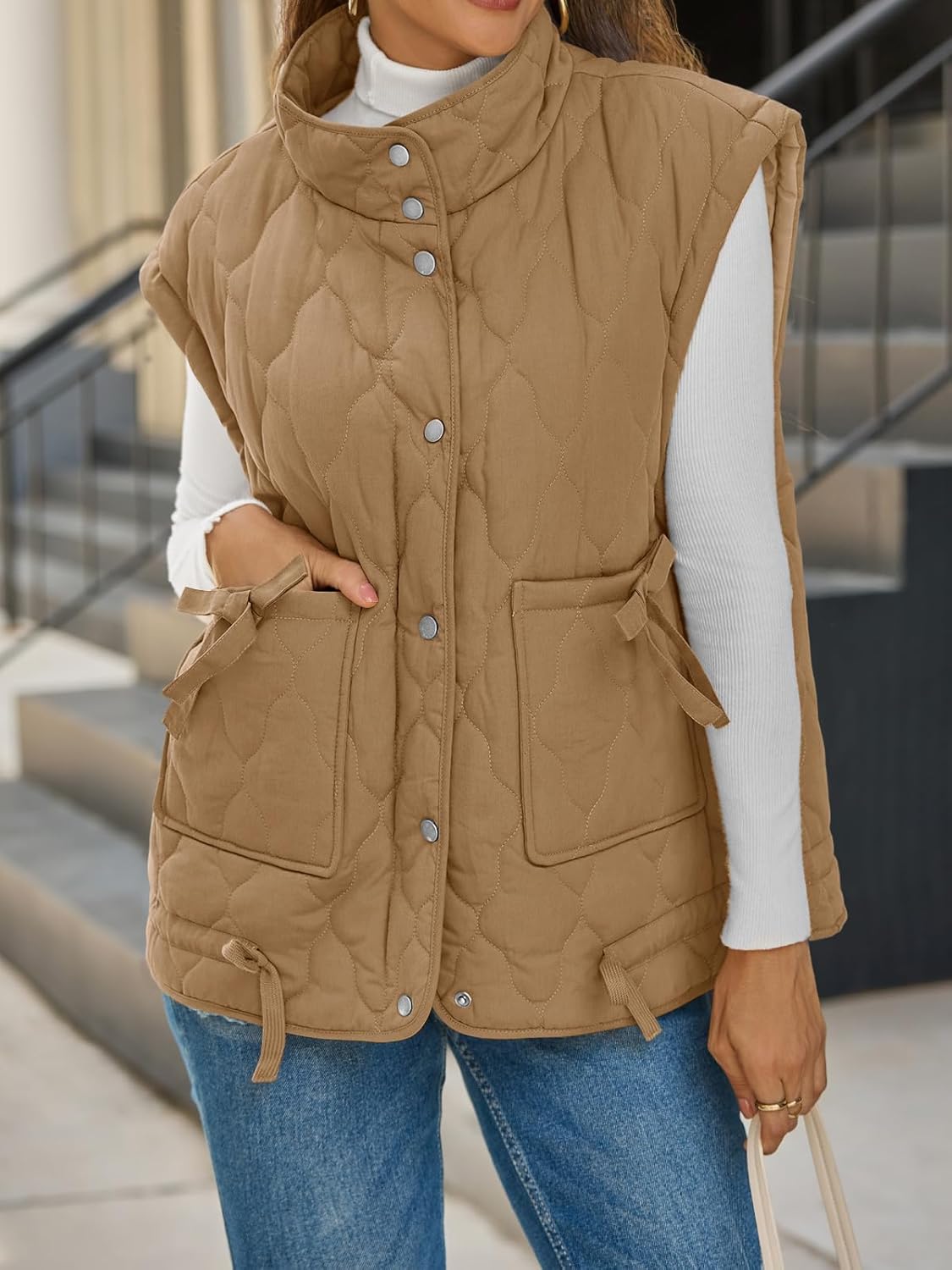 Cicy Bell Womens Puffer Quilted Vest Lightweight Stand Collar Cap Sleeve Jackets Button Down Padded Gilet Winter Outerwear - Image 5