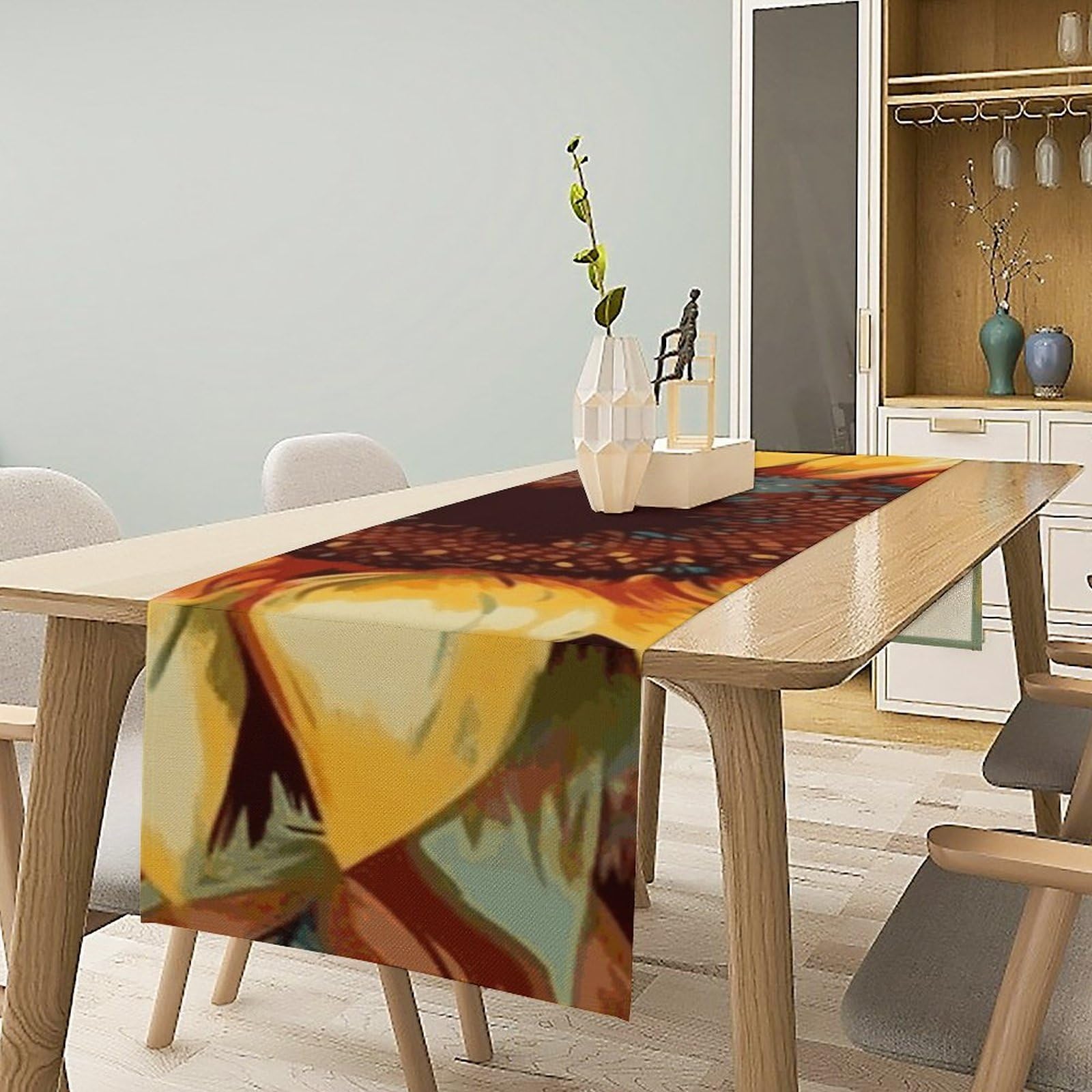 Color Painting Sunflower Table Runner 13x72 Inch Linens Burlap Table Runner with Tassels Boho Farmhouse Table Runner for Kitchen Home Christmas Halloween Party Table Decor Tablecloth
