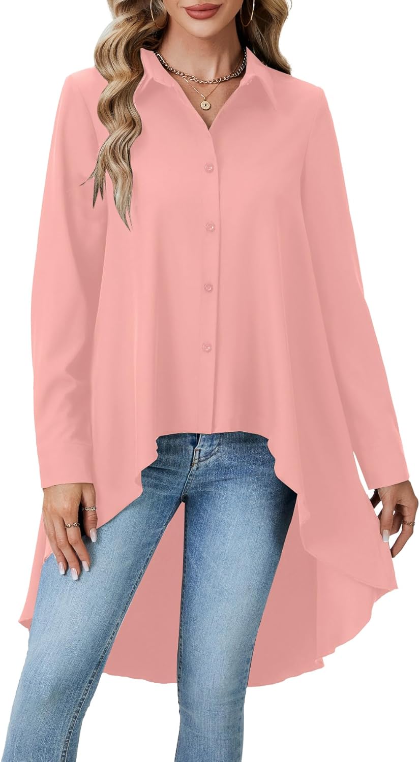 OPOIPIN Women's Button Down Asymmetrical Hem Collar V Neck Long Sleeve Blouse Top - Image 2