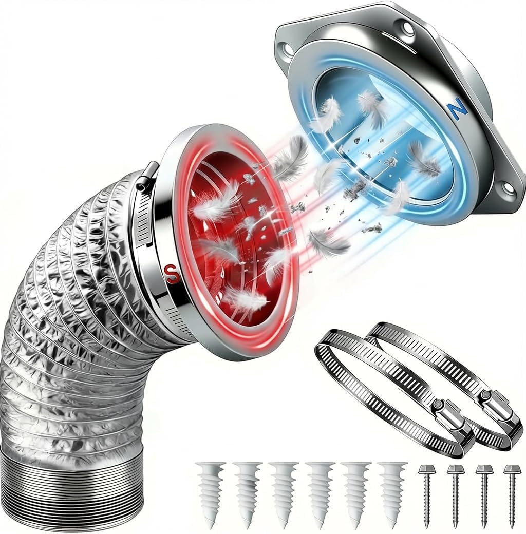 Magnetic Dryer Vent Connector Kit with Quick Connect Dryer Vent Design for Tight Spaces & Apartments, Aerospace Aluminum Body, Strong Hold, Includes 3.3ft Hose & 2 Clamps