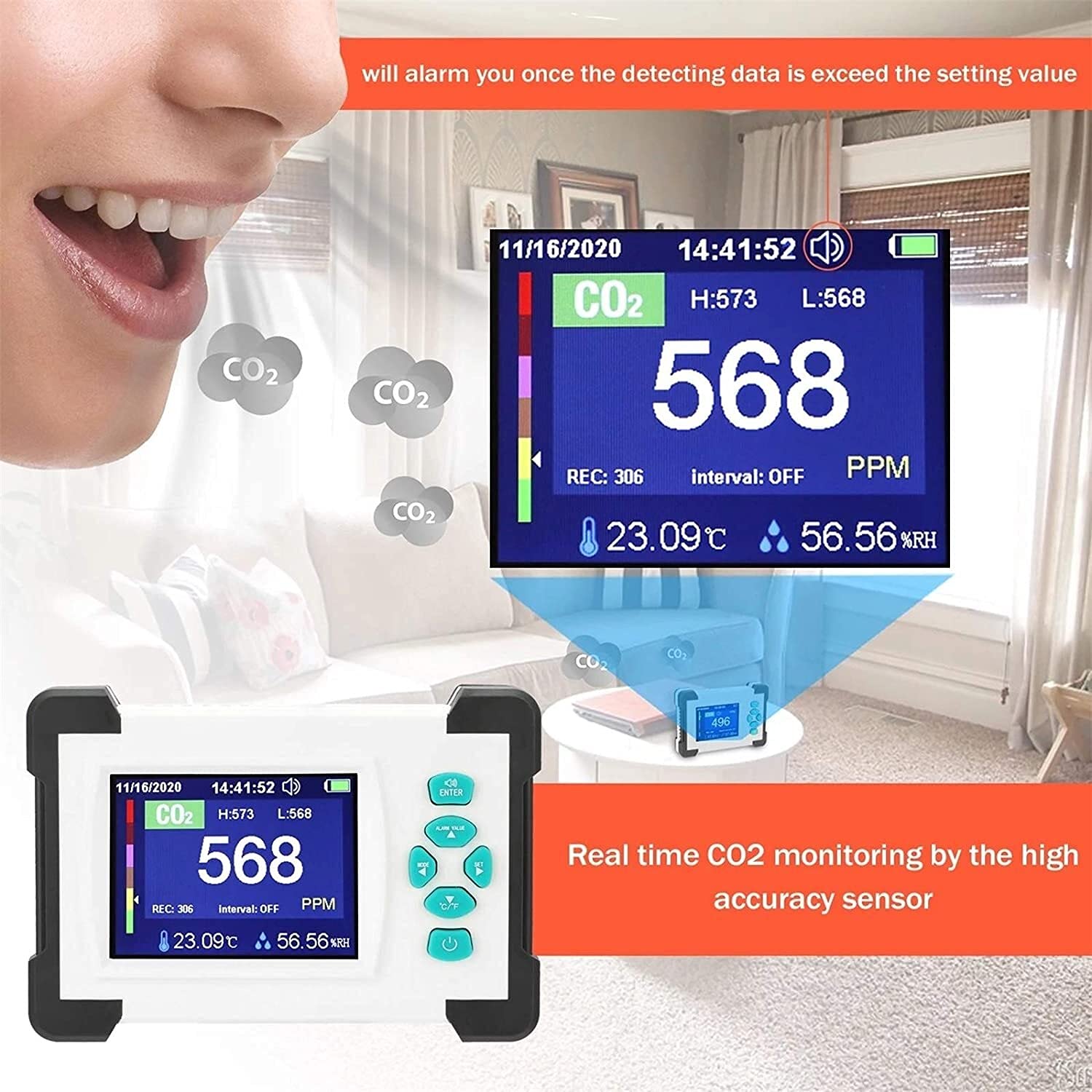 Détecteur de dioxyde de Carbone 3,2 Pouces testeur de Compteur de CO2 Compteur de qualité de l'air Rechargeable avec testeur de Support de boîte de Rangement (Taille Unique Blanche)