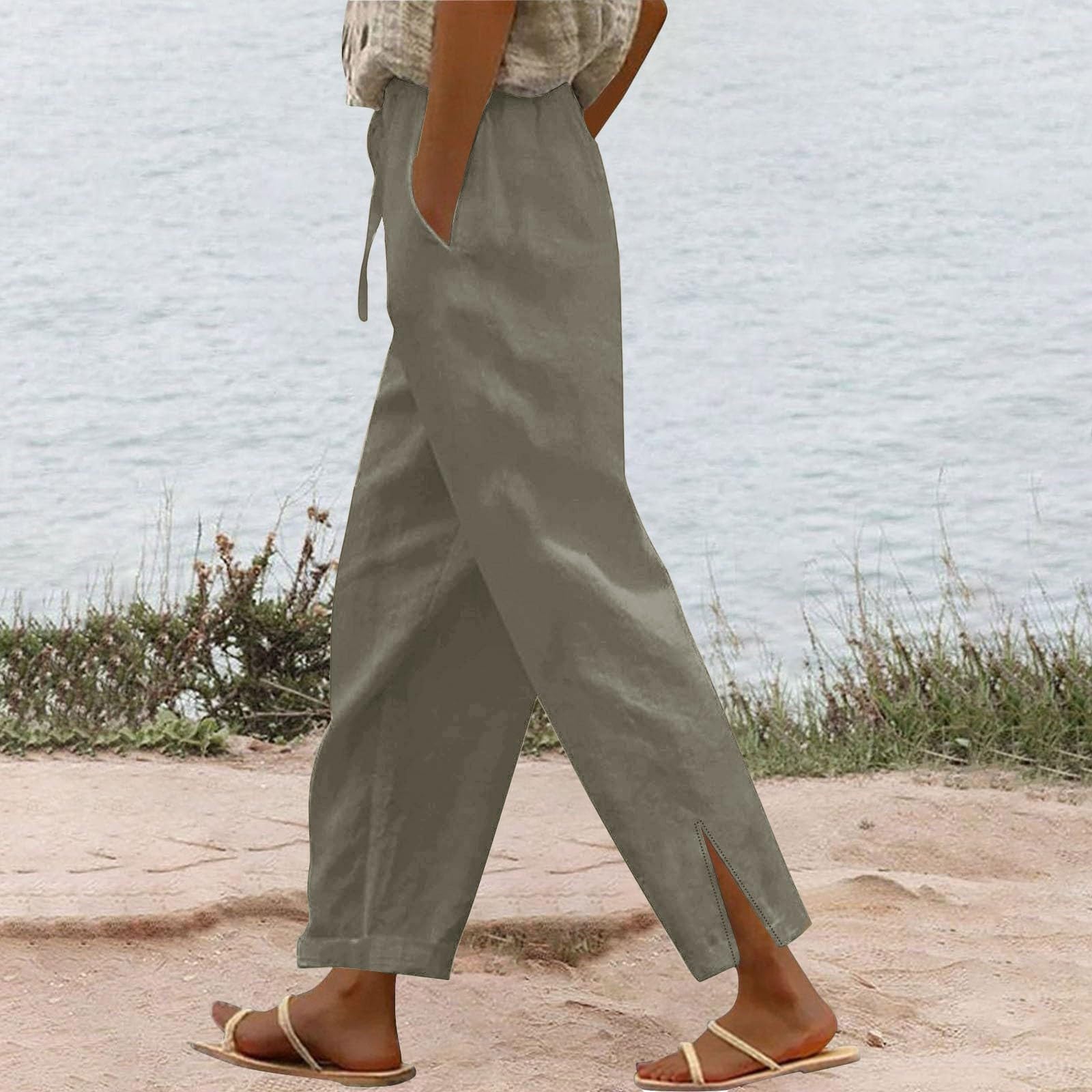 Cotton Linen Pants for Women Casual Loose Flowy Palazzo Pants Drawstring Waist Trousers Summer Beach Vacation Outfits - 3
