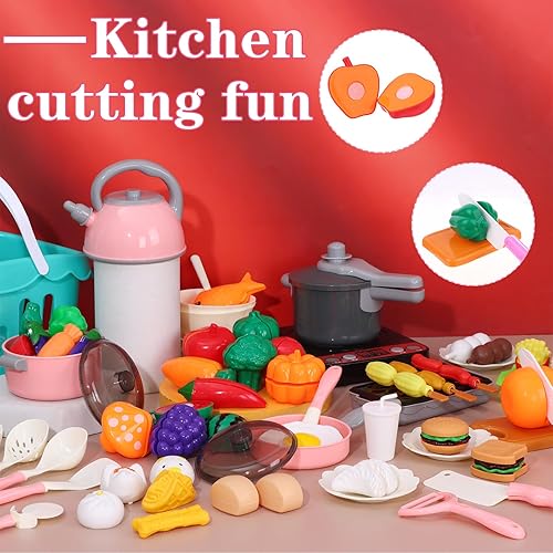 Miniatura 5 de Juego de 94 piezas de accesorios de cocina, juegos de comida para niños de 3 a 4 años, juego de cocina con ollas, sartenes, frutas, verduras, cesta