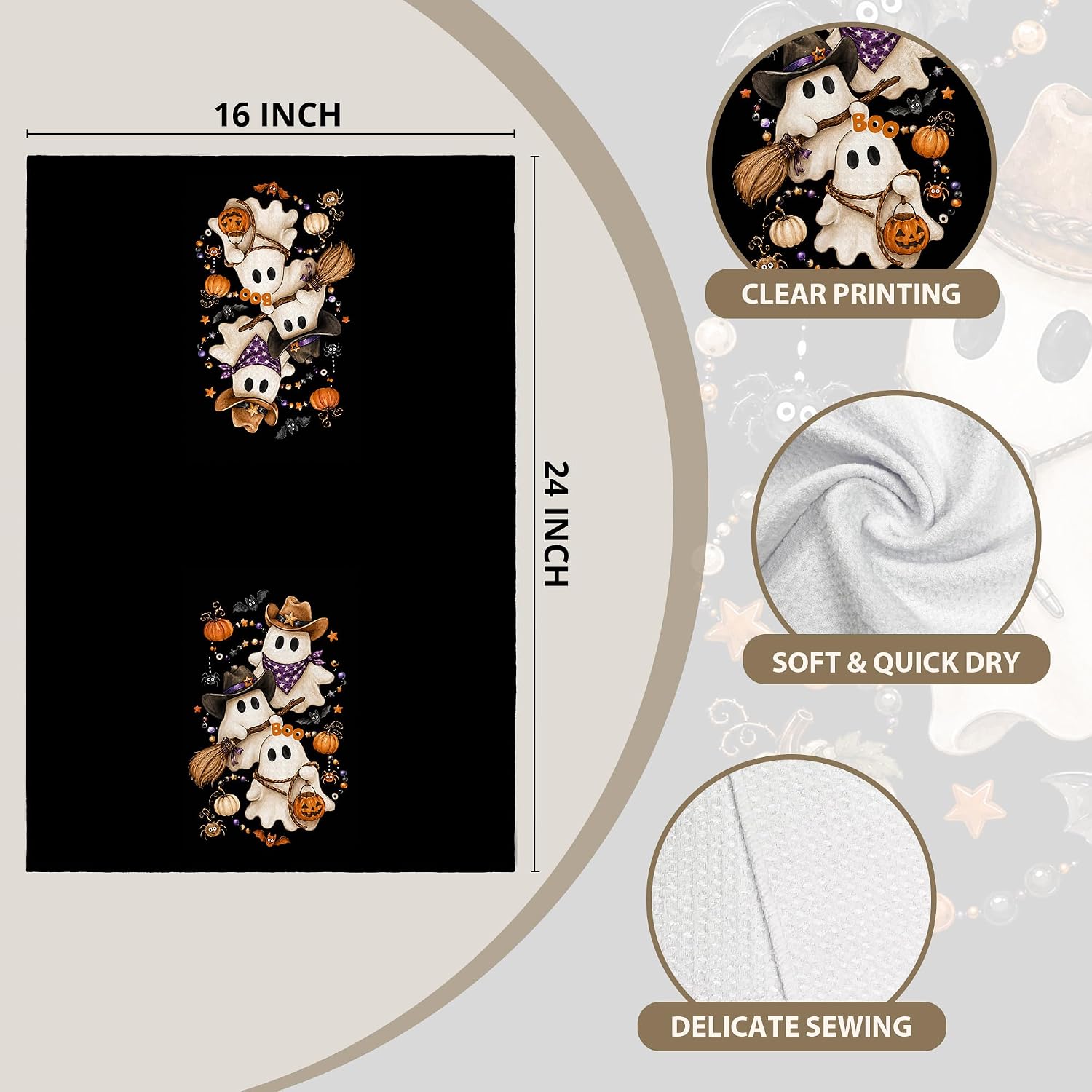 Halloween Western Cowboy Ghost Kitchen Towels 16x24in Set of 2 | Spooky Gothic Boo Ghost Pumpkin Hand Towels for Bathroom, Western Halloween Decorative Hand Tea Dish Towels for Kitchen Decor