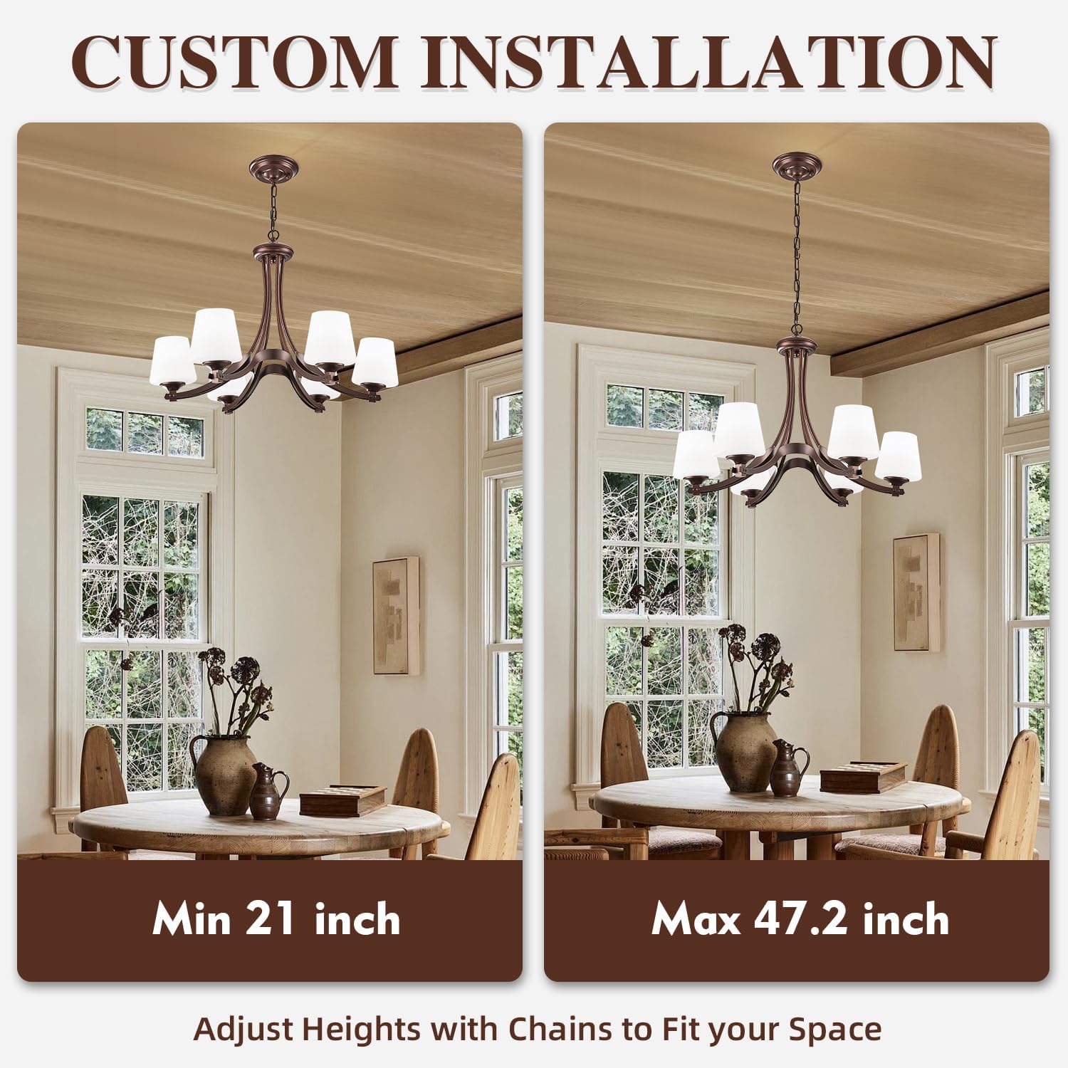 6-Light Oil Rubbed Bronze Farmhouse Chandelier Pendant Light Fixture with Frosted Glass, Matte Brown Rustic Ceiling Lighting Vintage Hanging Lamp for Dining Room Kitchen Island ,Height Adjustable