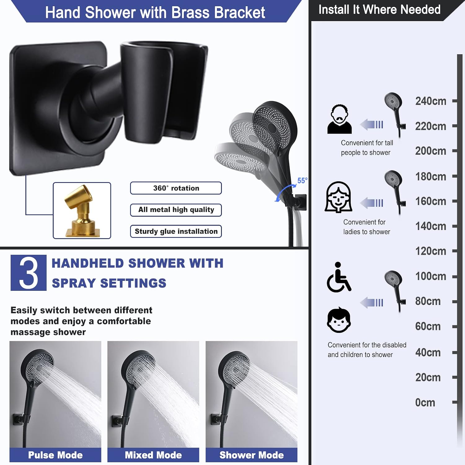 10" Rainfall Shower Head with Handheld Combo, Upgrade 12" Extension Arm Height Adjustable, 3-Way High Pressure Shower Head with Handheld Spray, Brass Shower Holder Extra Long Shower Hose, Matte Black