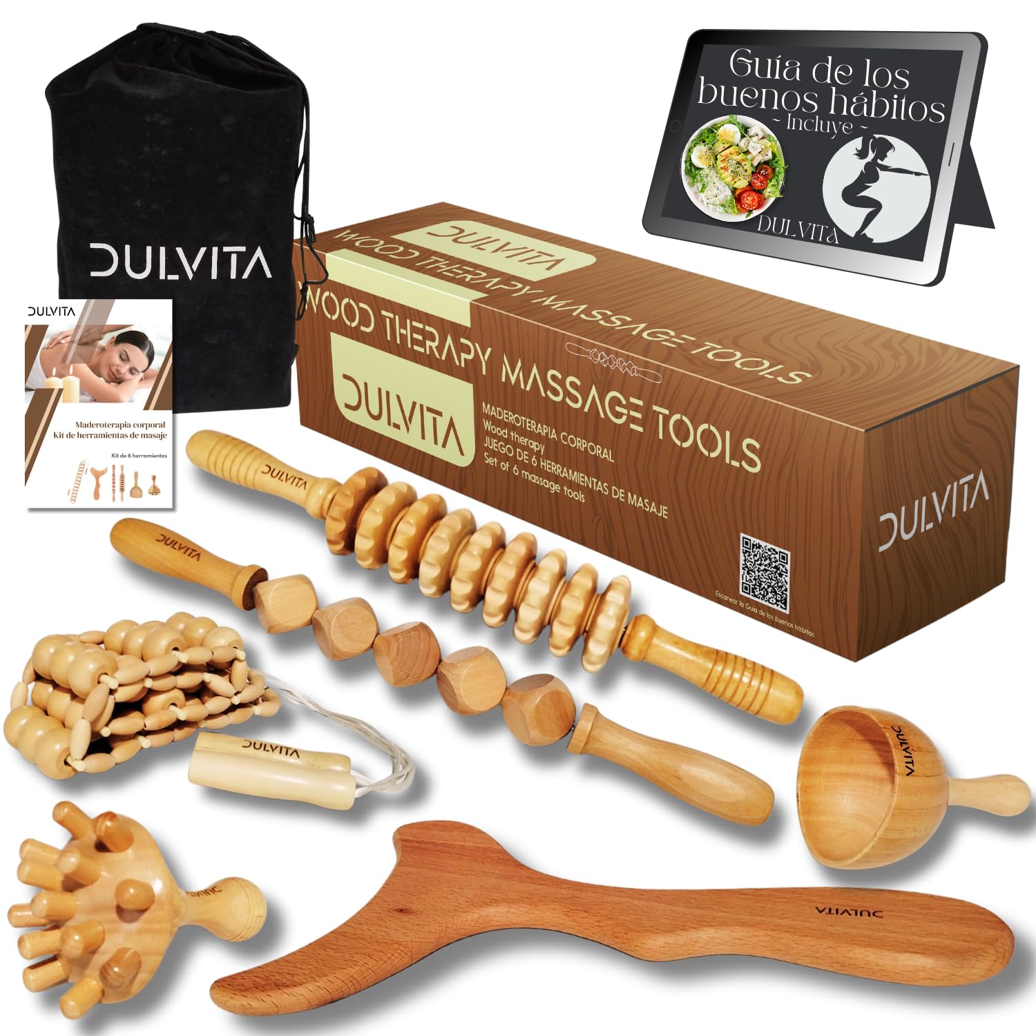 Kit Maderoterapia Corporal Profesional, con 6 Elementos de Maderoterapia y Bolsa Transporte, Set de Maderoterapia Celulitis que Incluye Guía de Buenos Hábitos