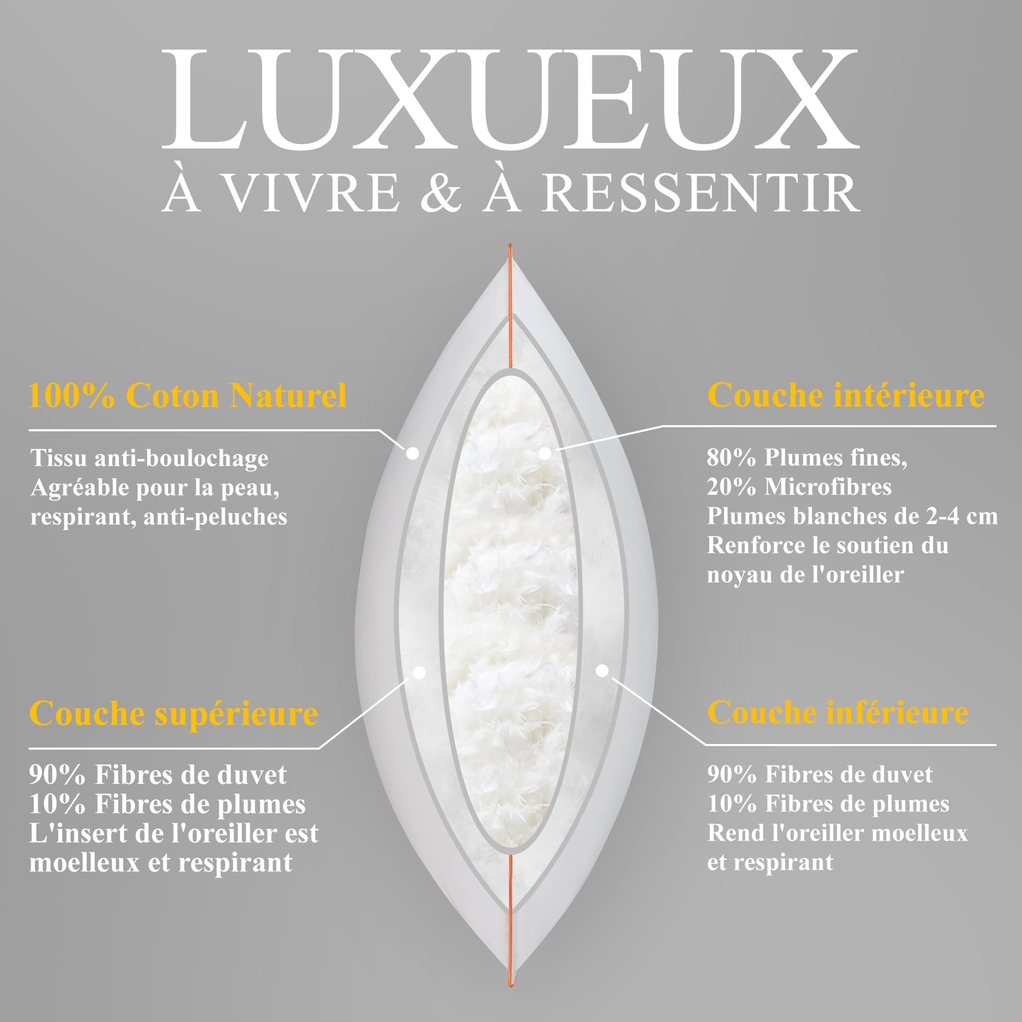 Oreiller Plume 60x60 en Duvet Premium Oreillers Moelleux Coussins de Luxe | Oreiller 60x60 cm, Coussin Plume, Oreillers Confort Ergonomique pour Dormeurs sur Le Côté, Le Dos, Certifié RDS et Oeko-TEX
