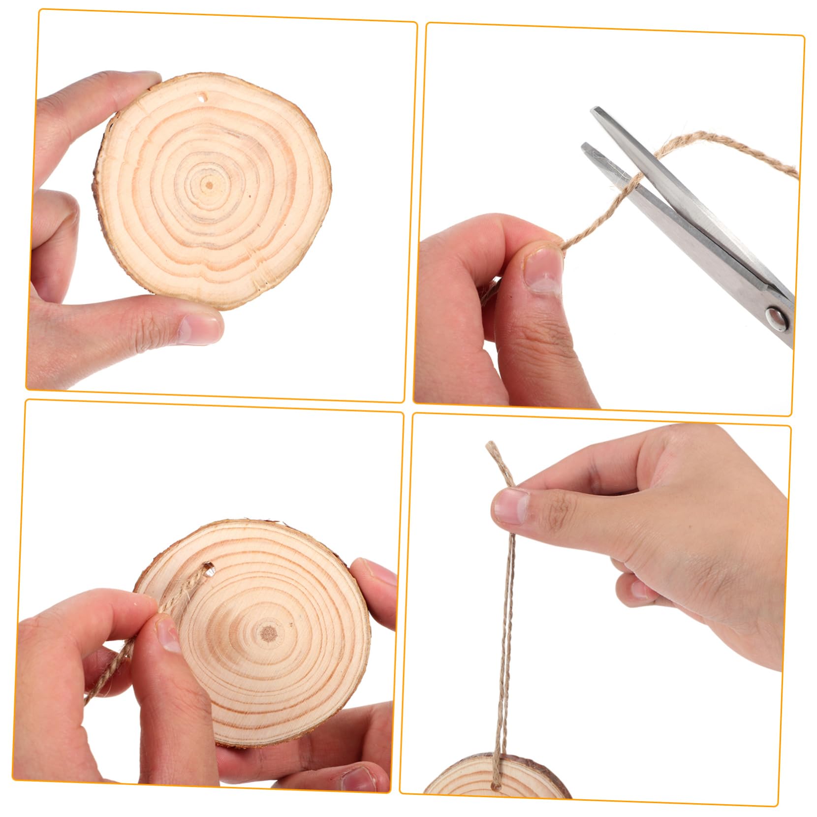 Unbehandelte Runde Holzscheiben zum Basteln 50 Stück 7-8cm | Jutekordel, Braune Holzornamente für Selbstgemacht und Dekoration, 10m Schnur