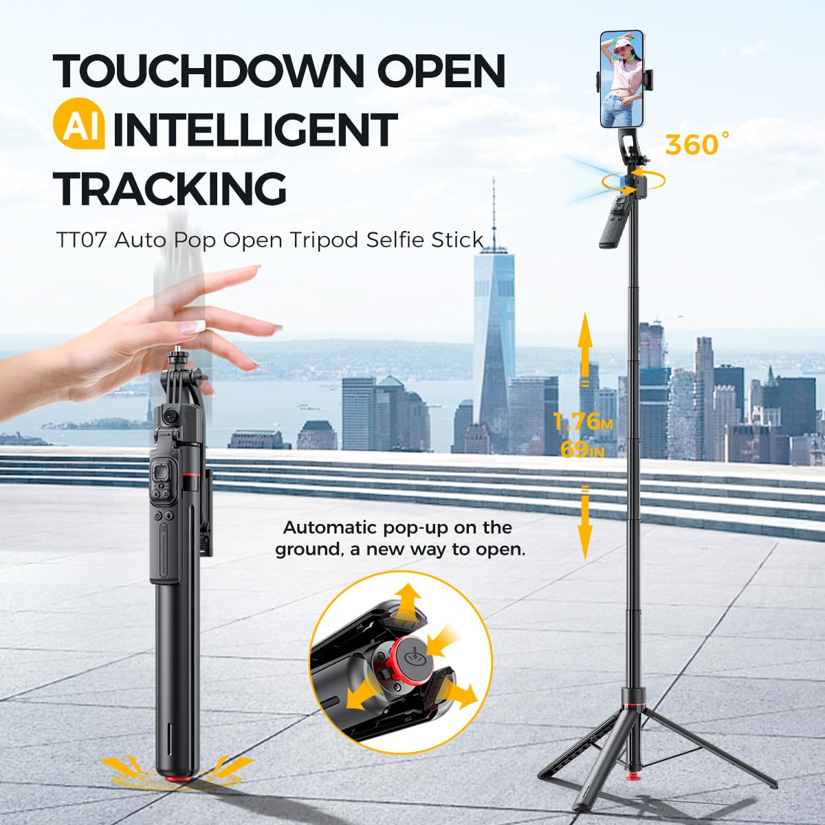 Treppiede per selfie da 176 cm, rotazione a 360°, apertura automatica, con telecomando ricaricabile, per TikTok/Vlog/Live Stream, compatibile con iPhone/Android/fotocamera/GoPro