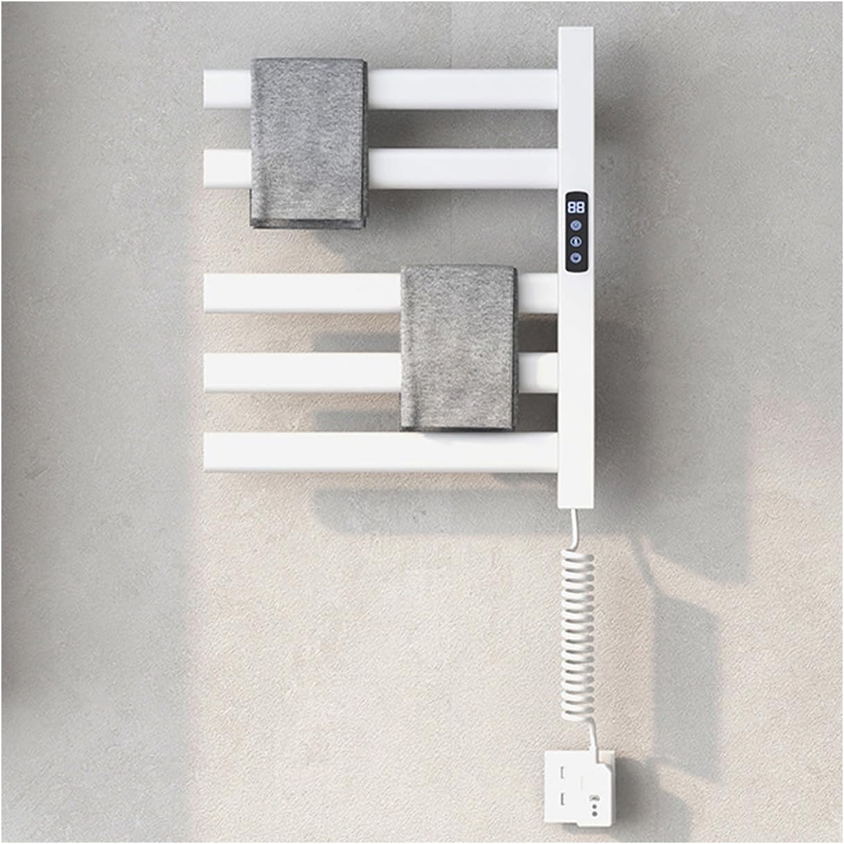 Electric Towel Warmer for Bathroom, Wall-Mounted 5-Bar Heated Towel Rack, Plug-in with Smart Temperature Control & Timer, Stylish White Design