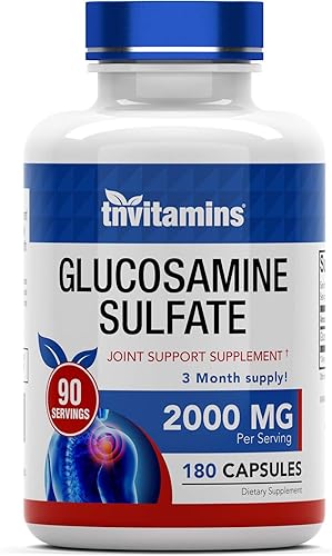 tnvitamins Cápsulas de sulfato de glucosamina de 2000 mg (180 unidades)  Suplemento de apoyo articular para mujeres y hombres  Producido en los