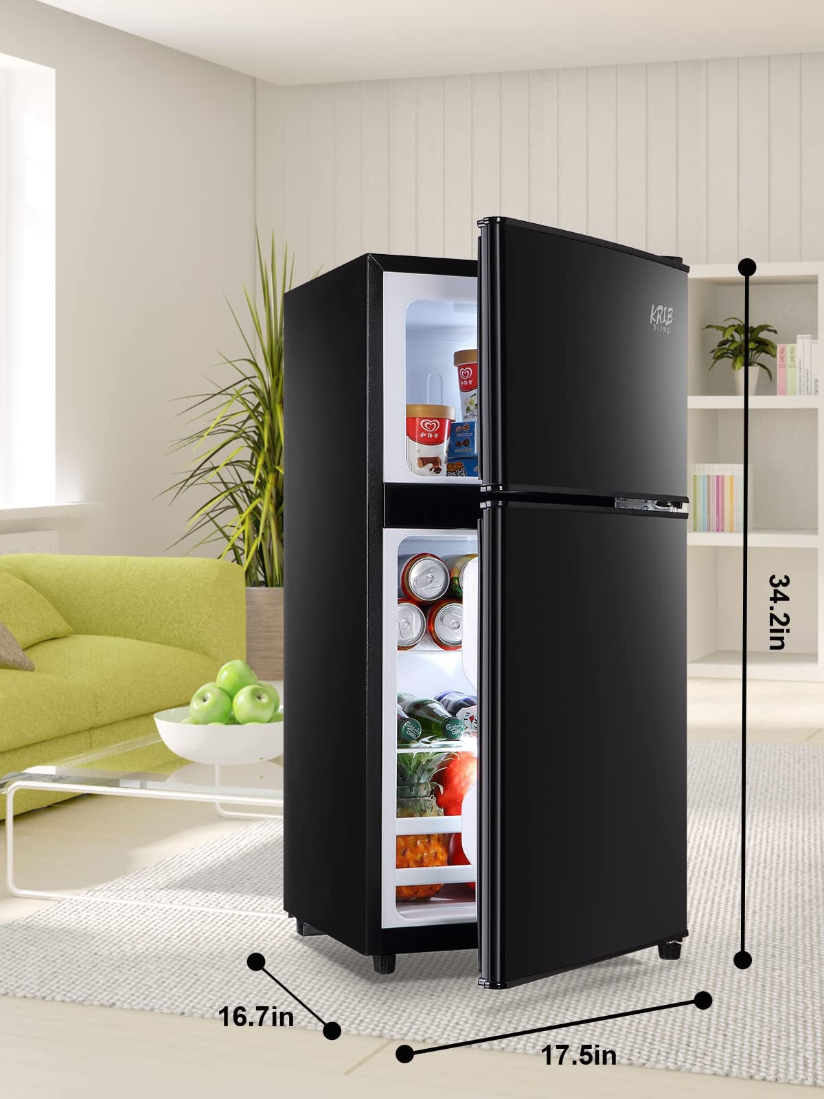 Krib Bling Compact Refrigerator 3.5 Cu.Ft Refrigerator With Freezer With 7 Level Adjustable Thermostat Control 2 Door Energy Saving Top-Freezer Black on Fridge.com - View 2