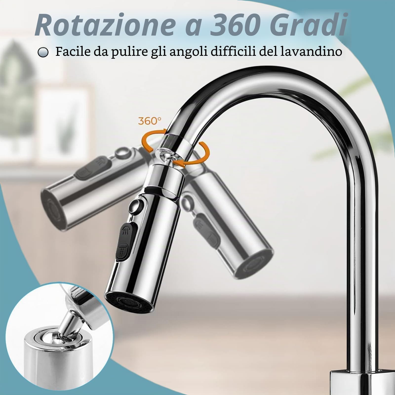 Aeratore Rubinetto Cucina 360° Girevole con 3 Modalità e 5 Adattatori Filettati