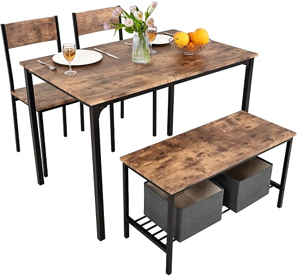PULUOMIS Dining Table and 2 Chairs with Bench, Dining Table and Chairs Set 4 Piece Dining Room Set, Chair and Bench Set for Restaurant Kitchen Home Bistro Garden, Brown - 1