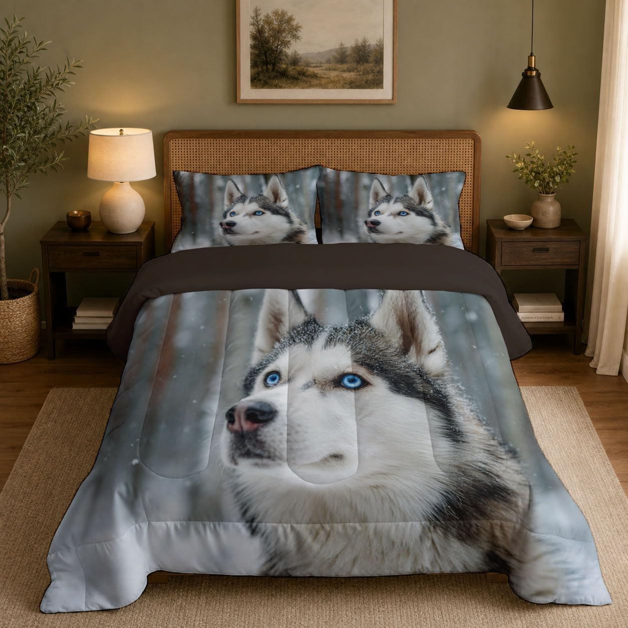 Winter Animals Comforter Set King Size, Husky Photography Bedding Set for Girls Boys, Grey Quilt Bed 104"X90" Bedding Comforter Sets with 2 Pillowcase Room Decor