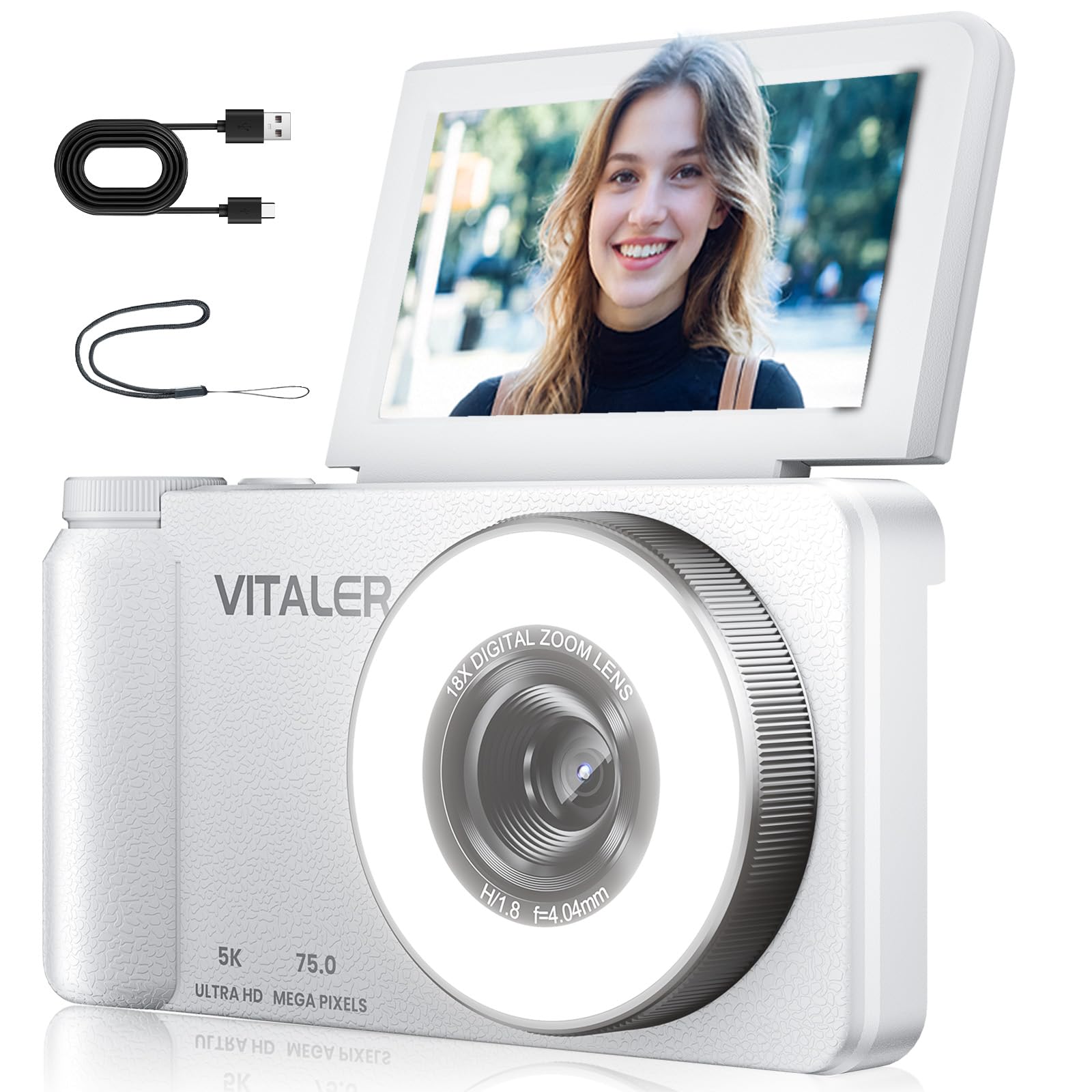 Cámara digital 5K para fotografía con luz de relleno, pantalla abatible de 180° de 3 pulgadas, cámara de vlogging de 75 MP para video de YouTube, zoom de 18X, cámaras compactas para apuntar y