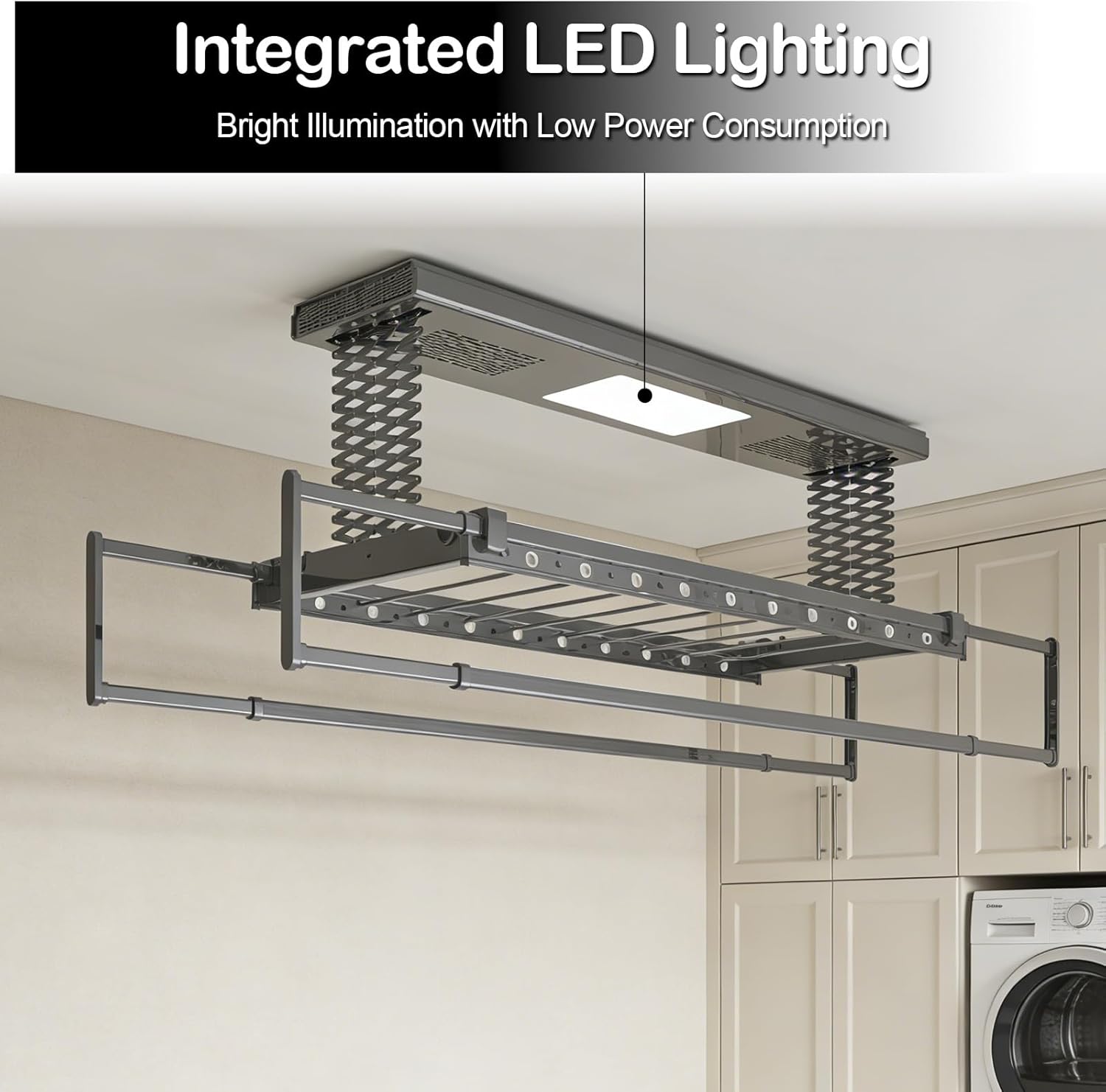 Electric Lift Ceiling Mounted Clothes Drying Rack, 150 lbs Capacity, Remote Control, Warm Air Drying, 24W LED Light, Adjustable Telescopic Rods, Space-Saving for Laundry, Indoor & Garage