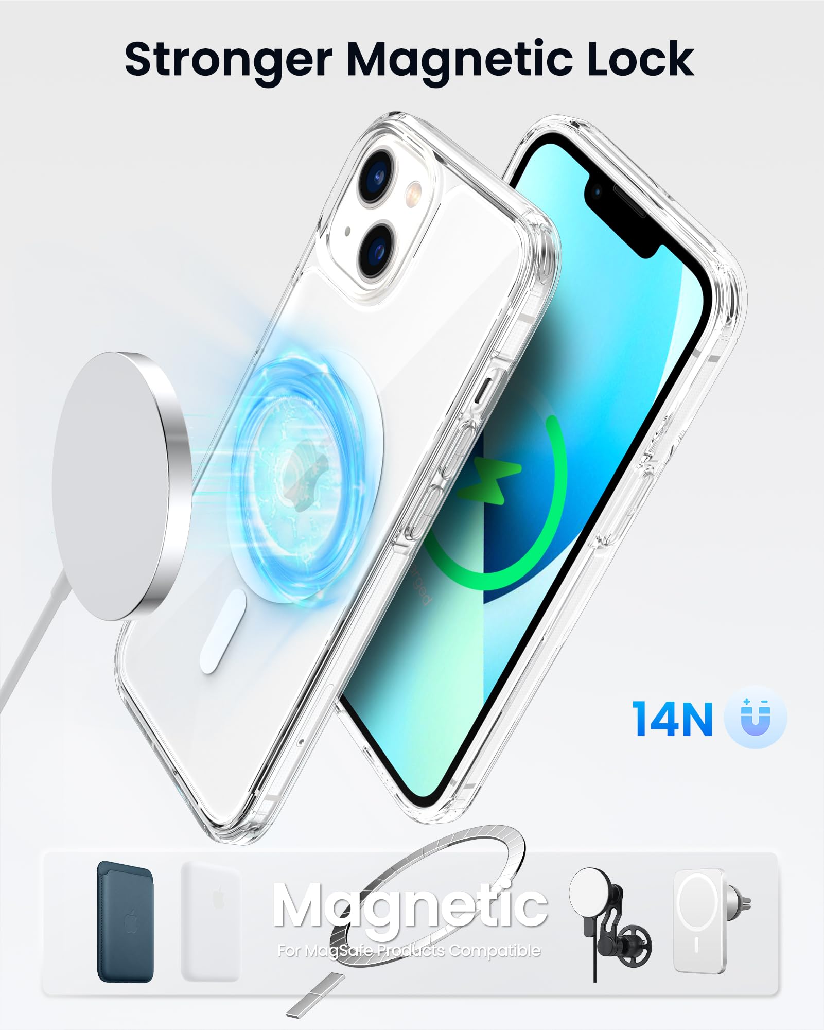 ORNARTO Cover Magnetica per iPhone 13 6,1 Pollici Compatibile con MagSafe, [Protezione Antiurto Militare] Anti Ingiallimento, Custodia Magsafe iPhone 13 Sottile Antiurto (Trasparente)