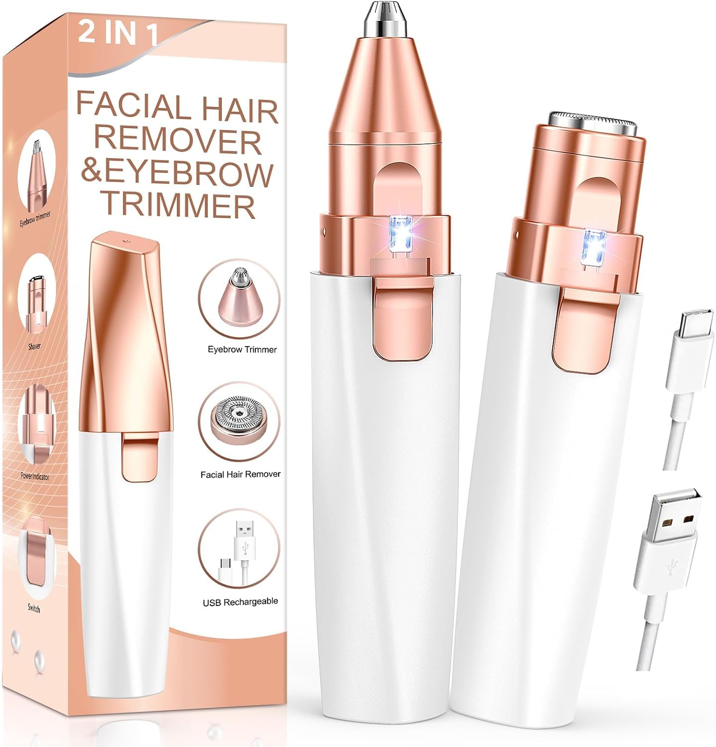 Eyebrow Trimmer Facial Hair Removal for Women: 2 in 1 Rechargeable Face Shaver with LED Light, Painless Electric Eyebrow Razor for Eyebrows, Upper Lip, Chin, Peach Fuzz & Fine Facial Hair-image-36