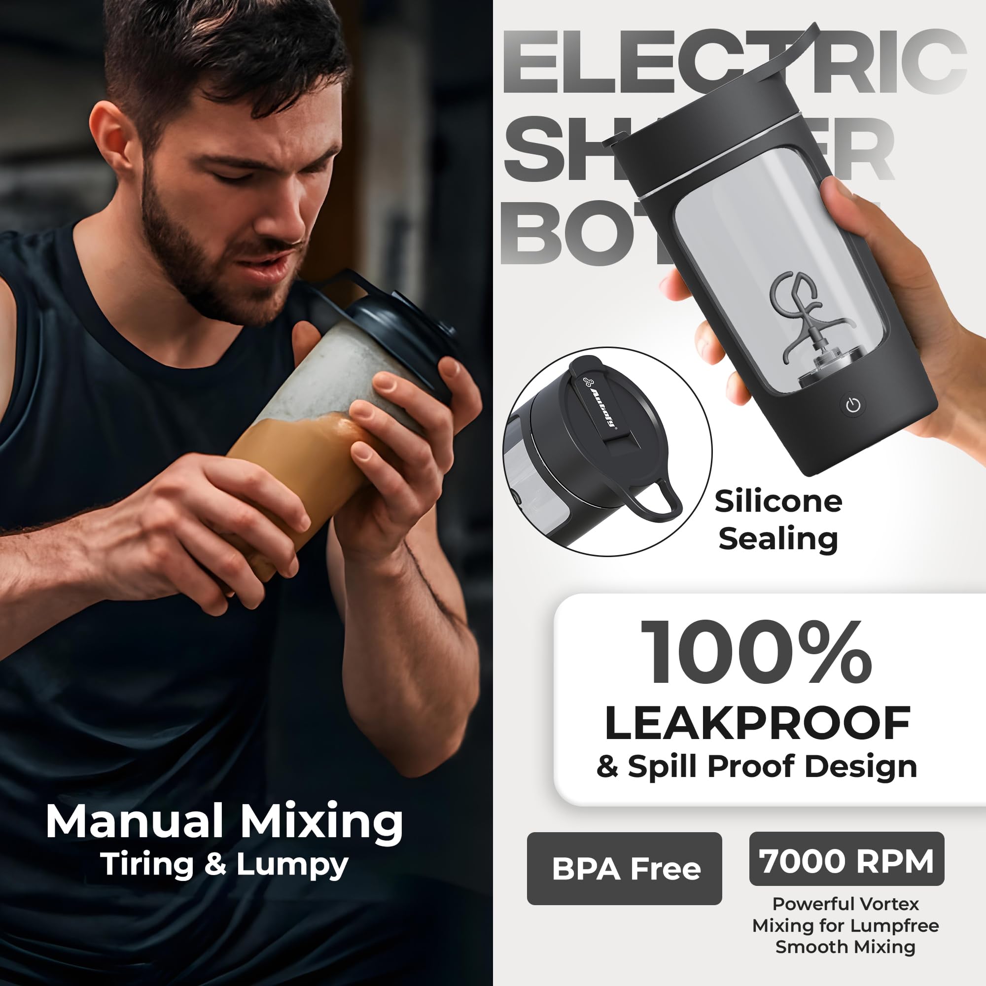 Autofy Shaker électrique pour salle de sport, shaker de protéines, design 100 % étanche, utilisation polyvalente, pour café, lassi, milkshake, BCAA, utilisation à domicile, bureau, entraînement * 60
