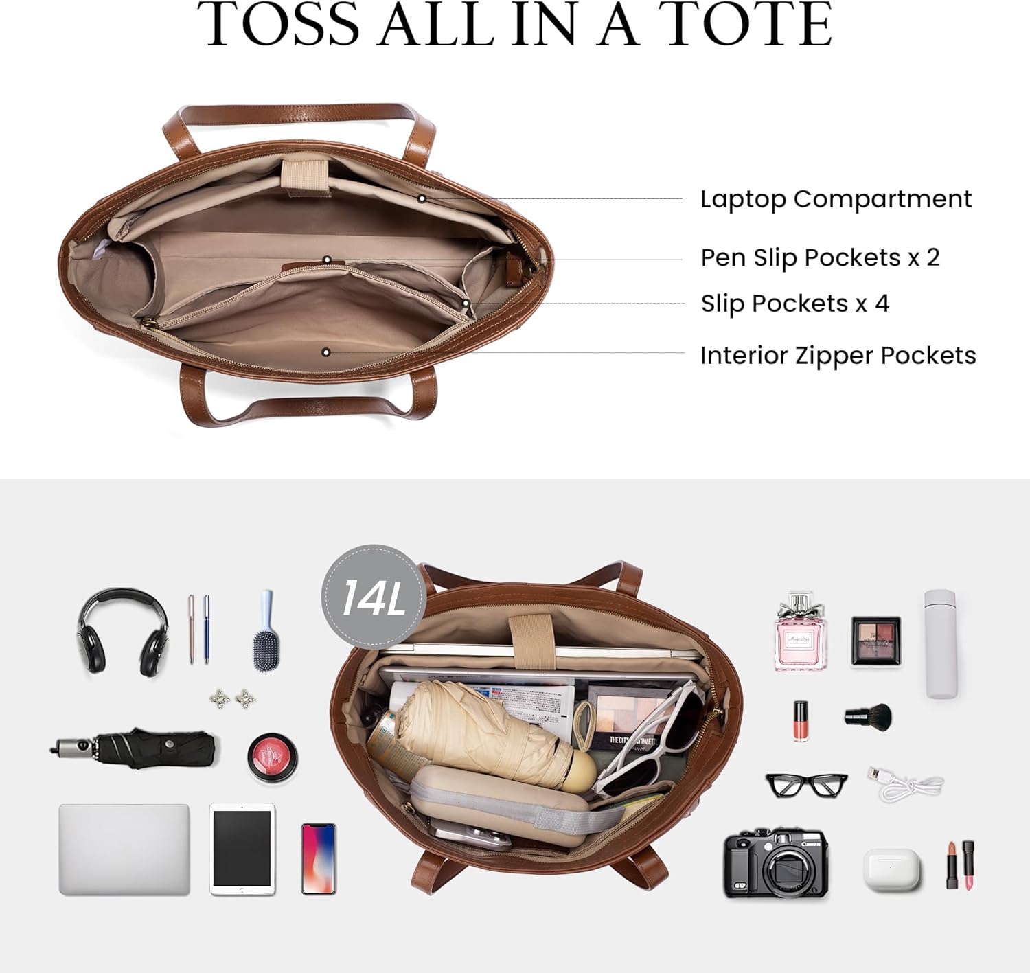 befen Vintage Genuine Leather Work Tote Bag for Women Large Tote Bag with Zipper Leather Purse and Handbags with Compartment - Image 5