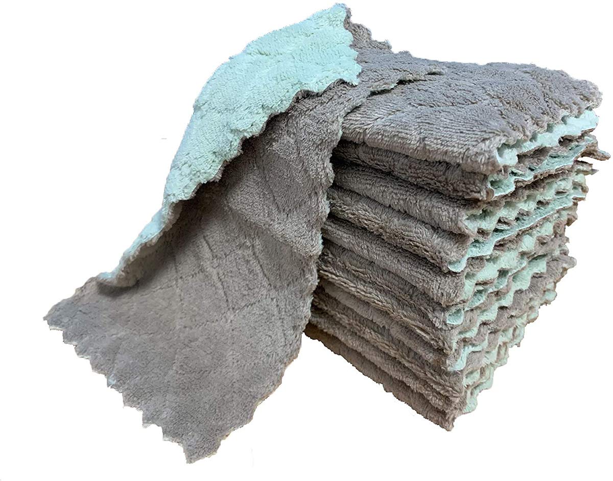 CharmCollectionKitchen Clothes and Towels Dish Cloths and Towels 12 Pack Kitchen Towels, Premium Dishcloths, Super Absorbent Coral Velvet Dishtowels, Nonstick Oil Washable Fast Drying (Green-Grey)