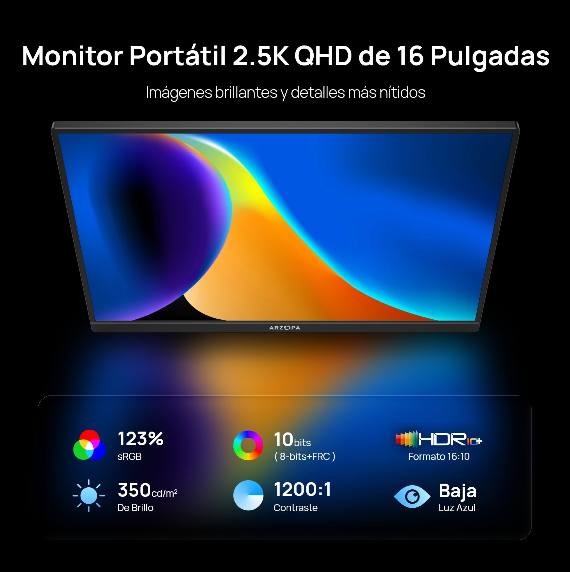 ARZOPA 16.0" 2.5k Monitor Portátil, Pantalla Portatil HDR 2560x1600, 8bit QHD, Monitor Portátil USB-C HDMI para Portátil, 16:10 IPS, Soporte Unipolar para Mac PC PS4/5 Xbox Switch Z1RC — view 2