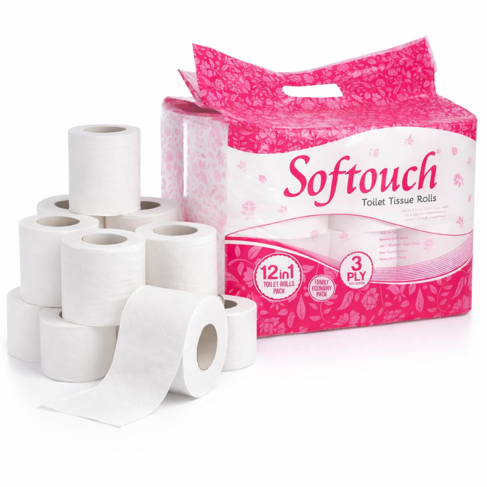 Softouch Toilet Tissue Roll 3 Ply Toilet Paper Family Pack 12 Rolls, Made with High GSM Paper Super Absorbent | Soft on Skin | 100% Virgin Paper | Ideal for Home & Office, Hotels Use