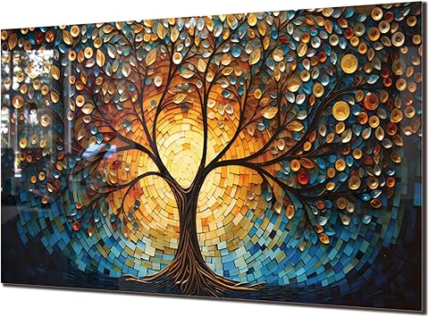 fzxwyishu Tempered Glass Backsplash for Kitchen Behind Stove,Tree of Life