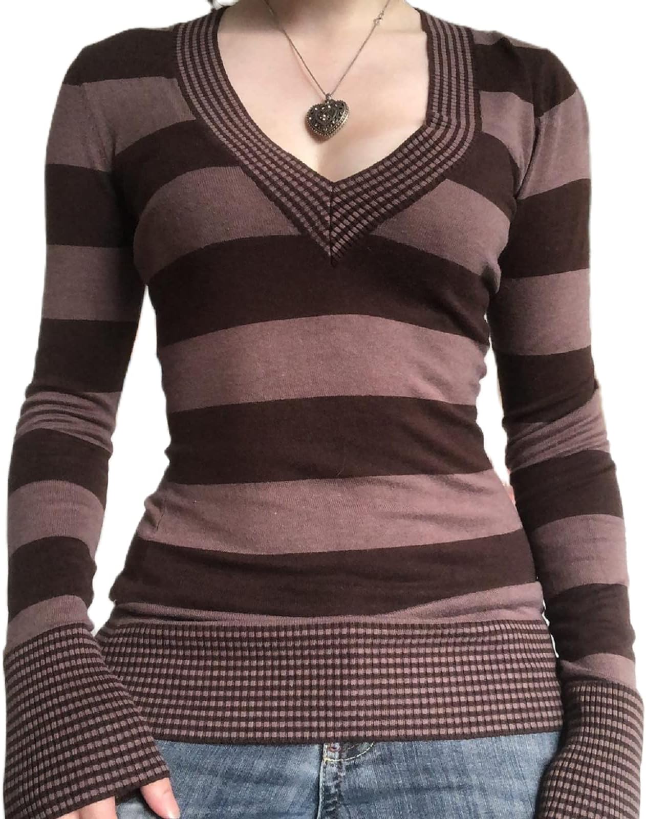 Y2K Striped Long Sleeve Slim Tops Color Block Square Collar Harajuku Tee Aesthetic Autumn Winter 90s Shirts