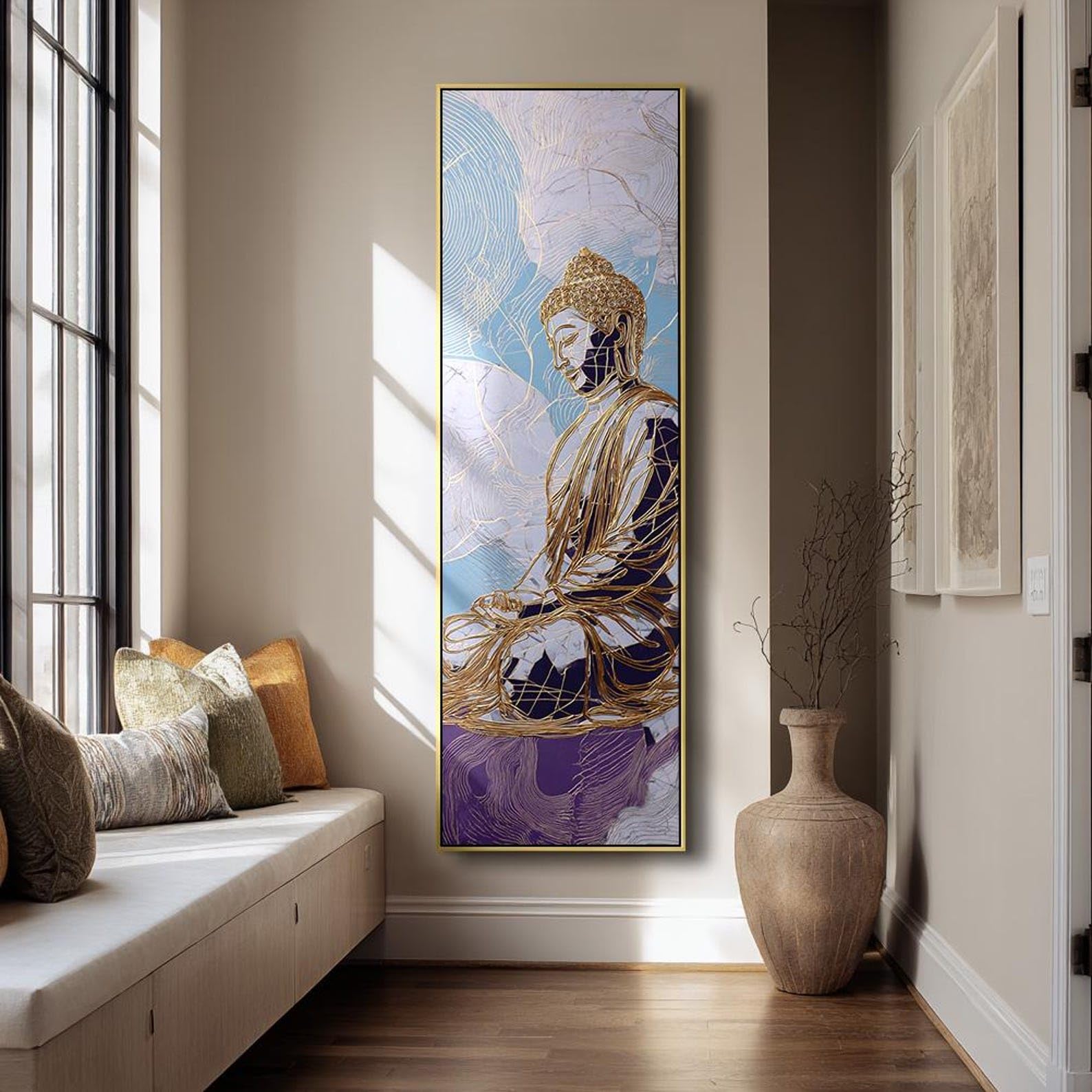 XBTYKPB Cuadro vertical de Buda para pared, pintura alta y estrecha para meditación, pieza de inspiración espiritual, decoración para sala de yoga (60x180cm/marco interior)