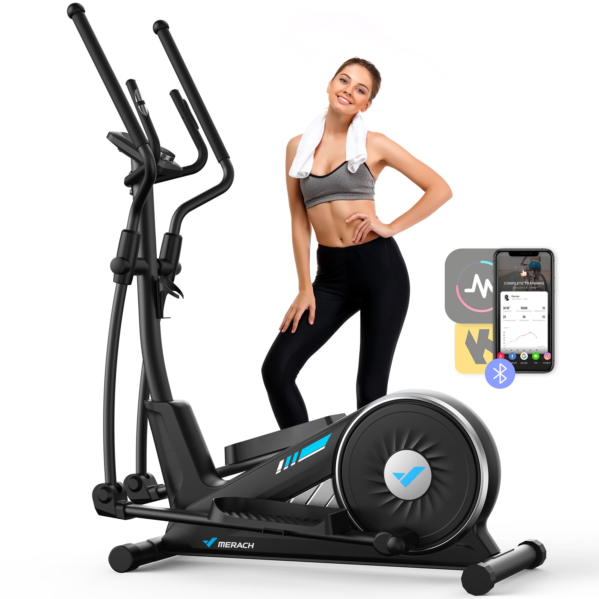 MERACH Elliptical Exercise Machine for Home Use, Elliptical Machine with Hyper-Quiet Magnetic Drive System, 16-Level Resistance Adjustment, 15.5IN Stride, 350LBS Loading Capacity, MERACH App