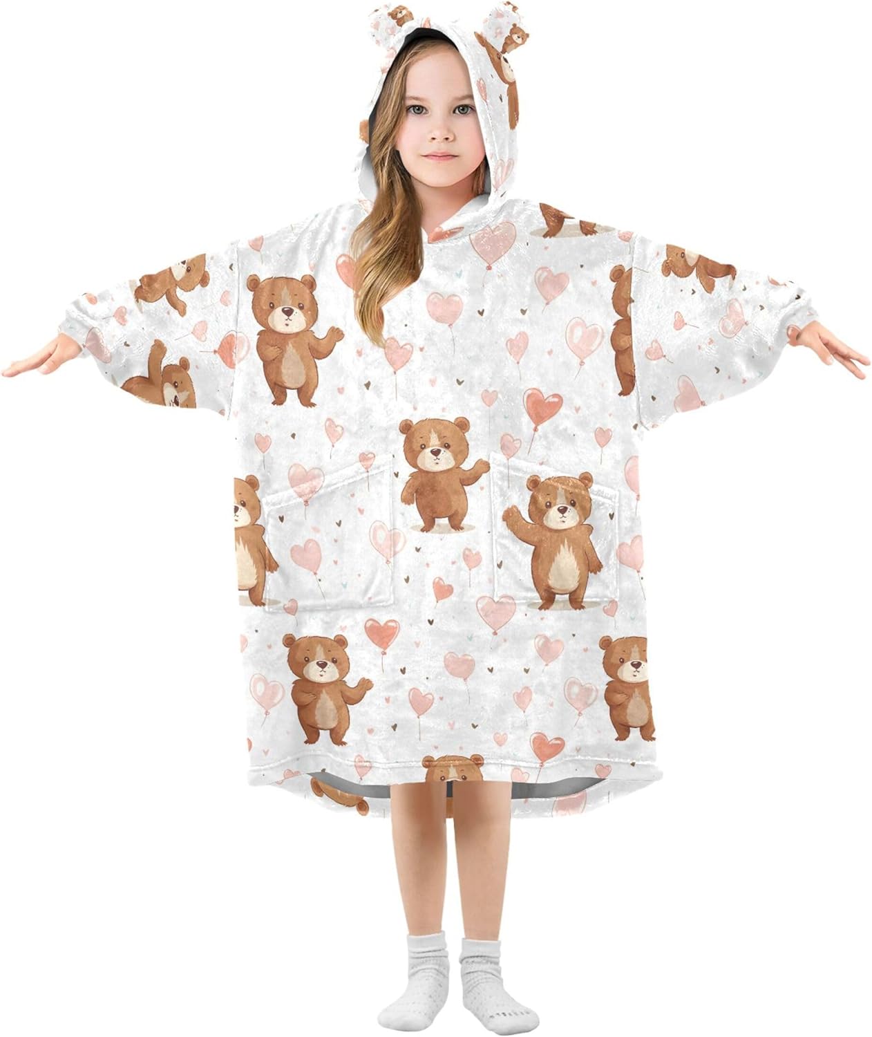Bear Cute Animal Kids Wearable Blanket Hoodie with Pocket and Sleeves for Toddlers, Cute Hoodies Girls Boys B0403733