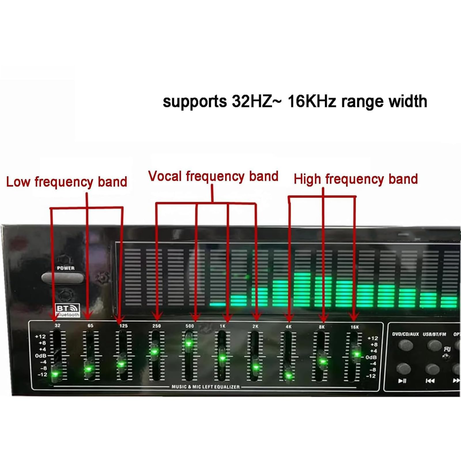 Ecualizador gráfico profesional de 2 canales, ecualizador digital de 31 bandas con pantalla de luz LED, reproducción de disco Bluetooth/U, 12 patrones de ritmo para estudio de grabación