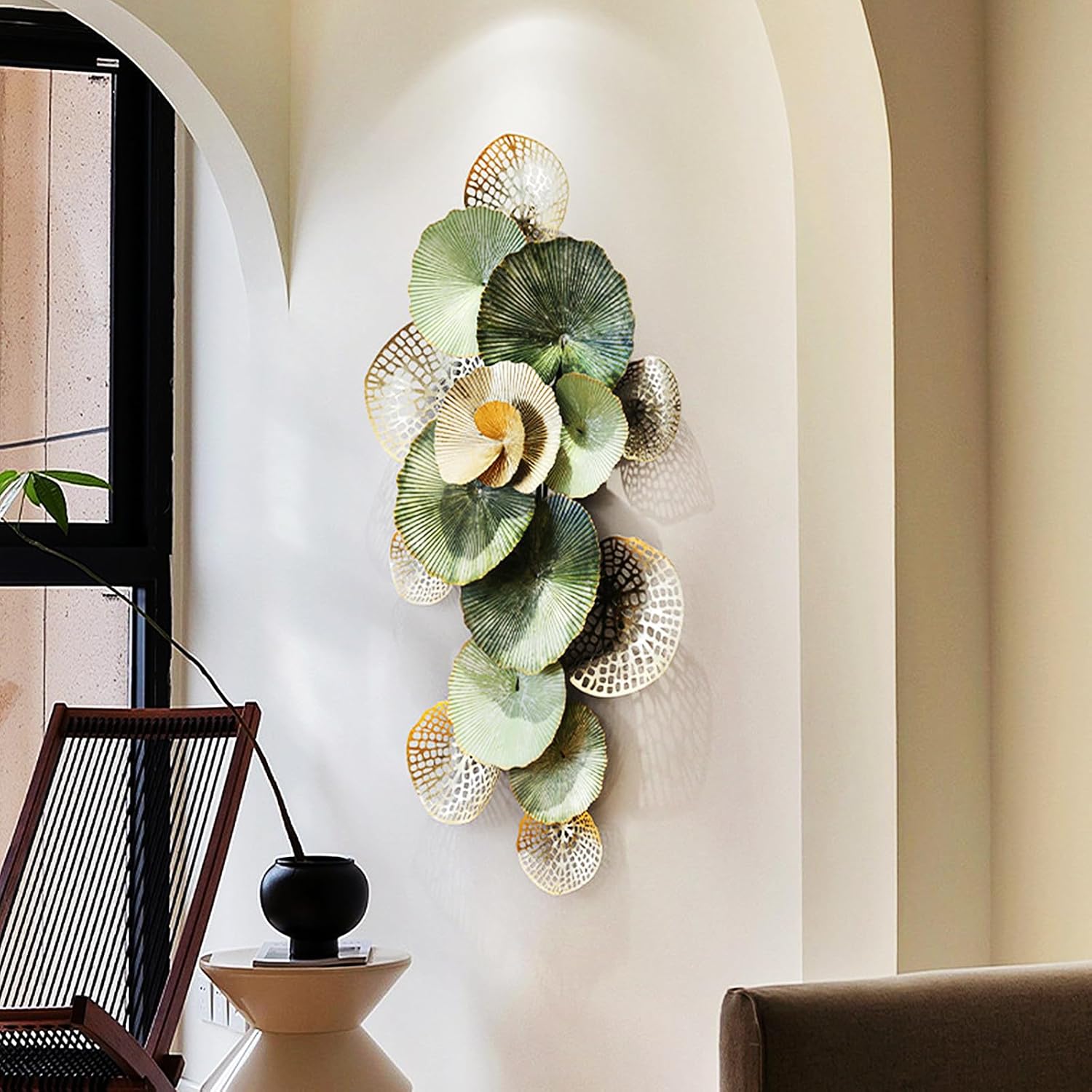 AHSDBG Extra-large Wall Decor, Coastal Metal Lotus Flower Wall Art Décor for Living Room, 3D Modern Lotus Leaves Wall Sculptures, Outdoor Indoor Hanging Decoration, 65X30in (Large Green Gold)