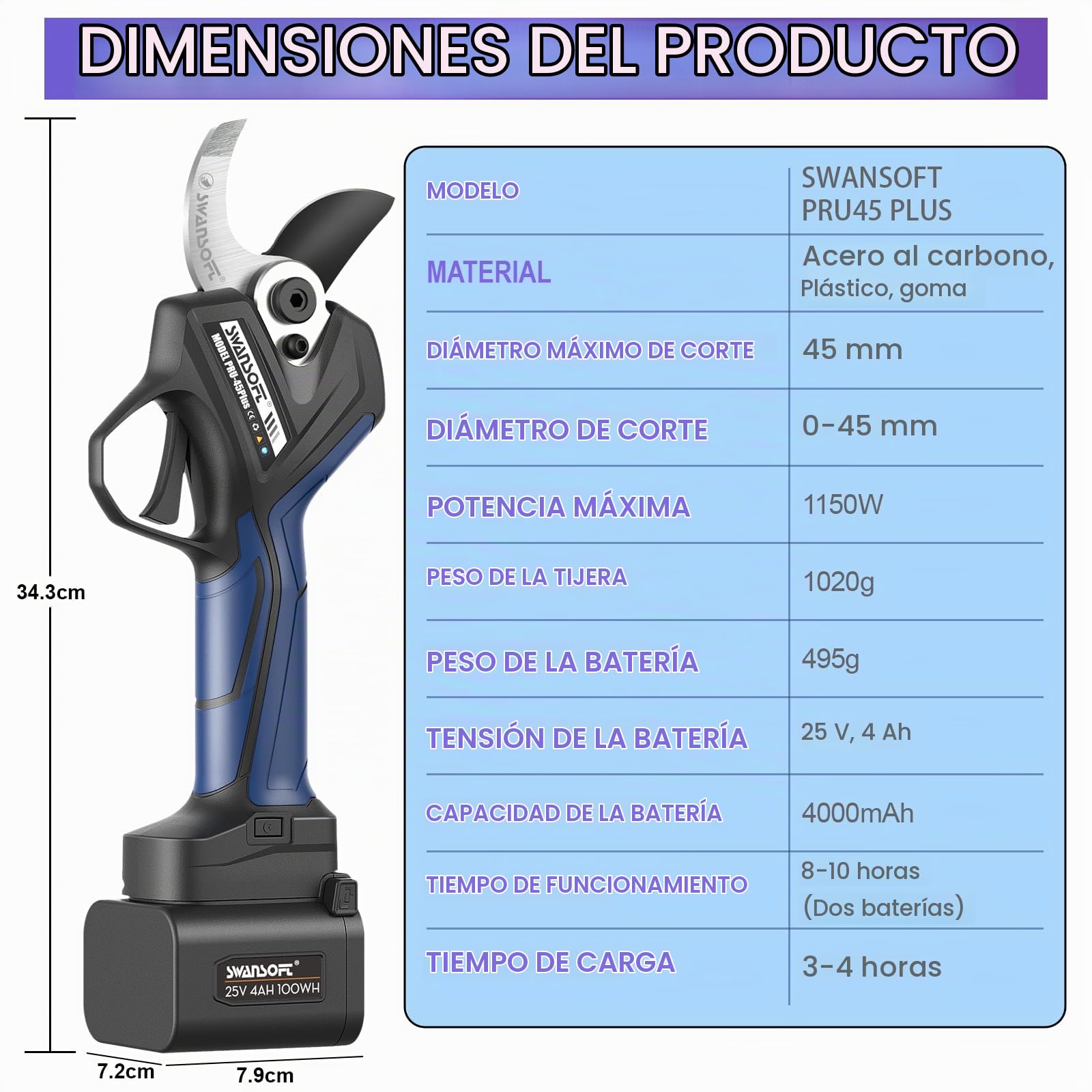 SWANSOFT PRU45-PLUS Tijeras de Podar Electricas Profesionales 45mm,1150W Motor sin Escobillas,25V 4Ah x2 Baterías,Pantalla LCD Tijeras de Podar Bateria para Olivos y Viña