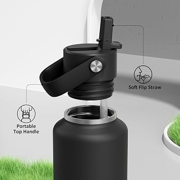 POWCAN 18oz Stainless Steel Slim Water Bottle: Sweatproof, Flex Cap, Lightweight, Standard Mouth, Top Handle, Vacuum Insulated Flask with straw for Office, Adults, Commute, Workouts (Midnight Black)