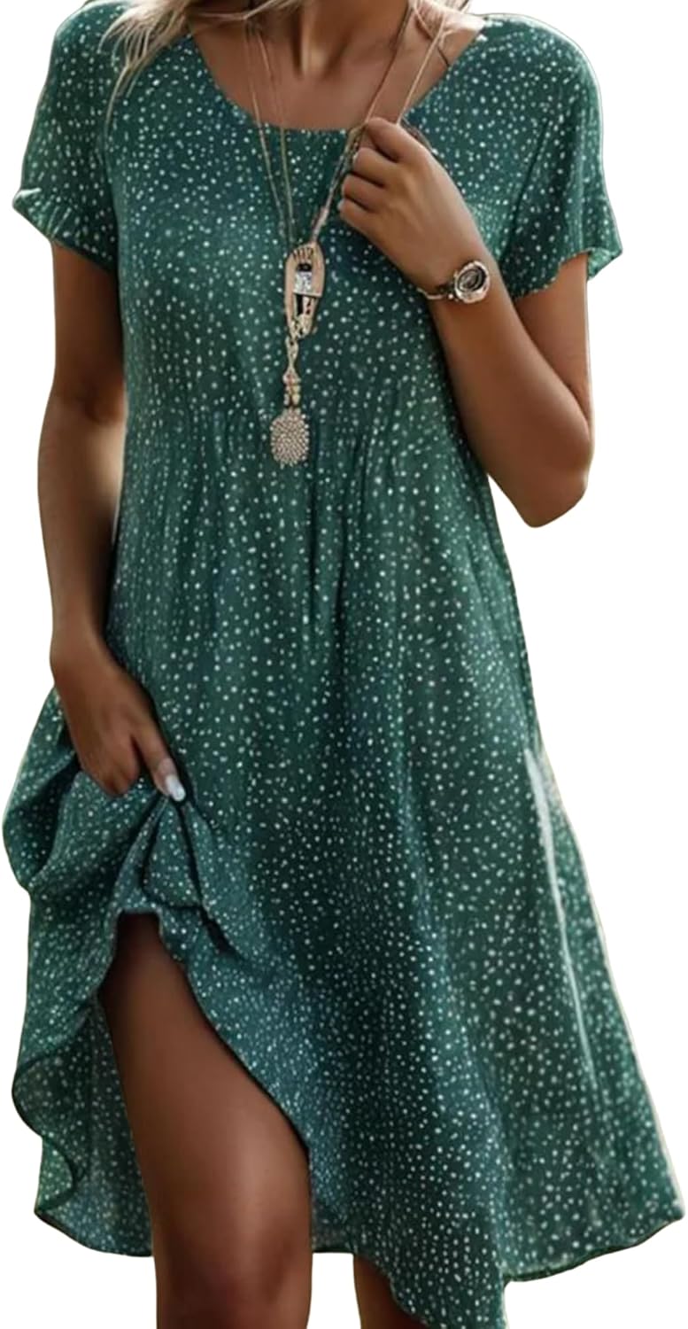 HVT Women's Summer Casual Short Sleeve Crewneck Polka Dot Midi Dresses 2026 Spring Flowy Tiered T Shirts Boho Beach Dress