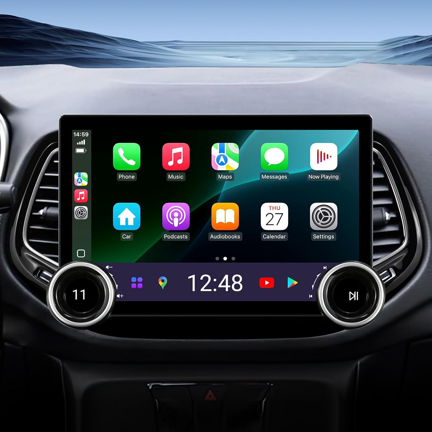 Car Stereo Radio for Jeep Compass 2017-2020 Wireless CarPlay Android Auto GPS Navigation Head Unit Touch Screen Radio Replacement Installation Kit Upgrade (Double Knobs 6+128)