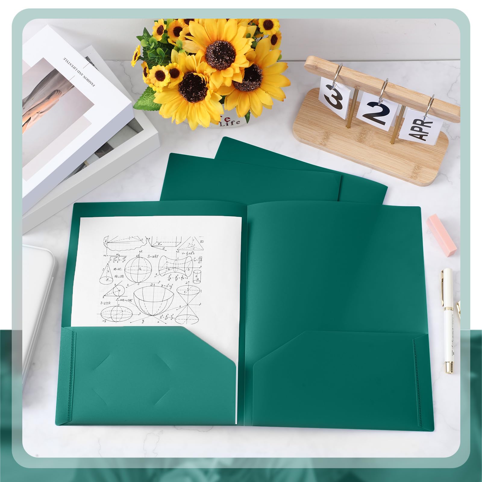 Gueevin Kunststoff-Ordner mit Taschen, 2 Fächern, glänzende Kunststoffmappen, passend für Papier in Briefgröße, strapazierfähig, langlebig, mit Visitenkarte für Zuhause, Büro, Schule, Blaugrün, 72
