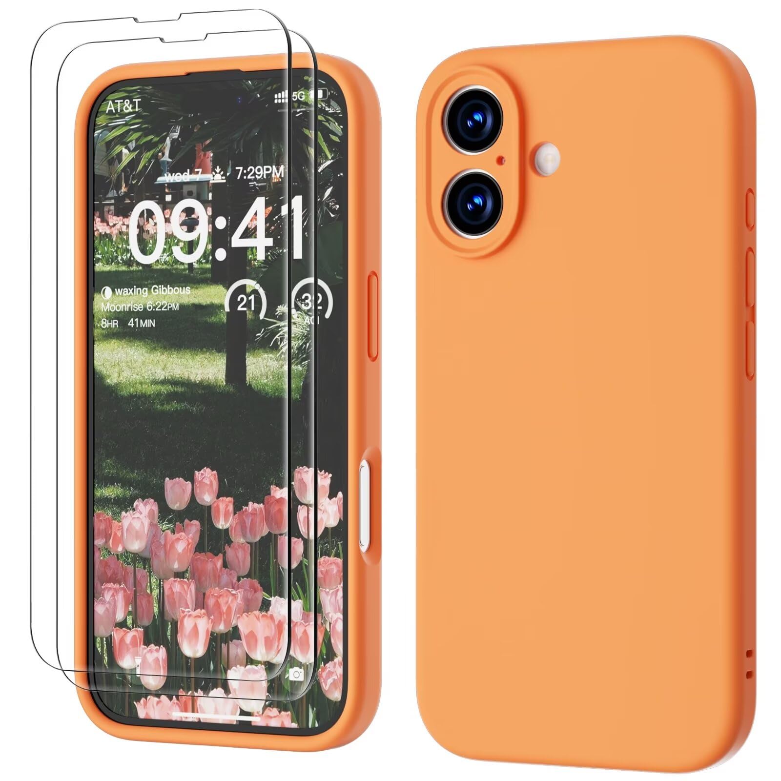 GOODVISH 3 in 1 Silicone Cover per iPhone 16 6.1", Custodia con 2 Pellicola Vetro Temperato [Protezione Fotocamera] 360° Protezione Anticaduta Case per Cellulare Antiurto Resistente, Arancia