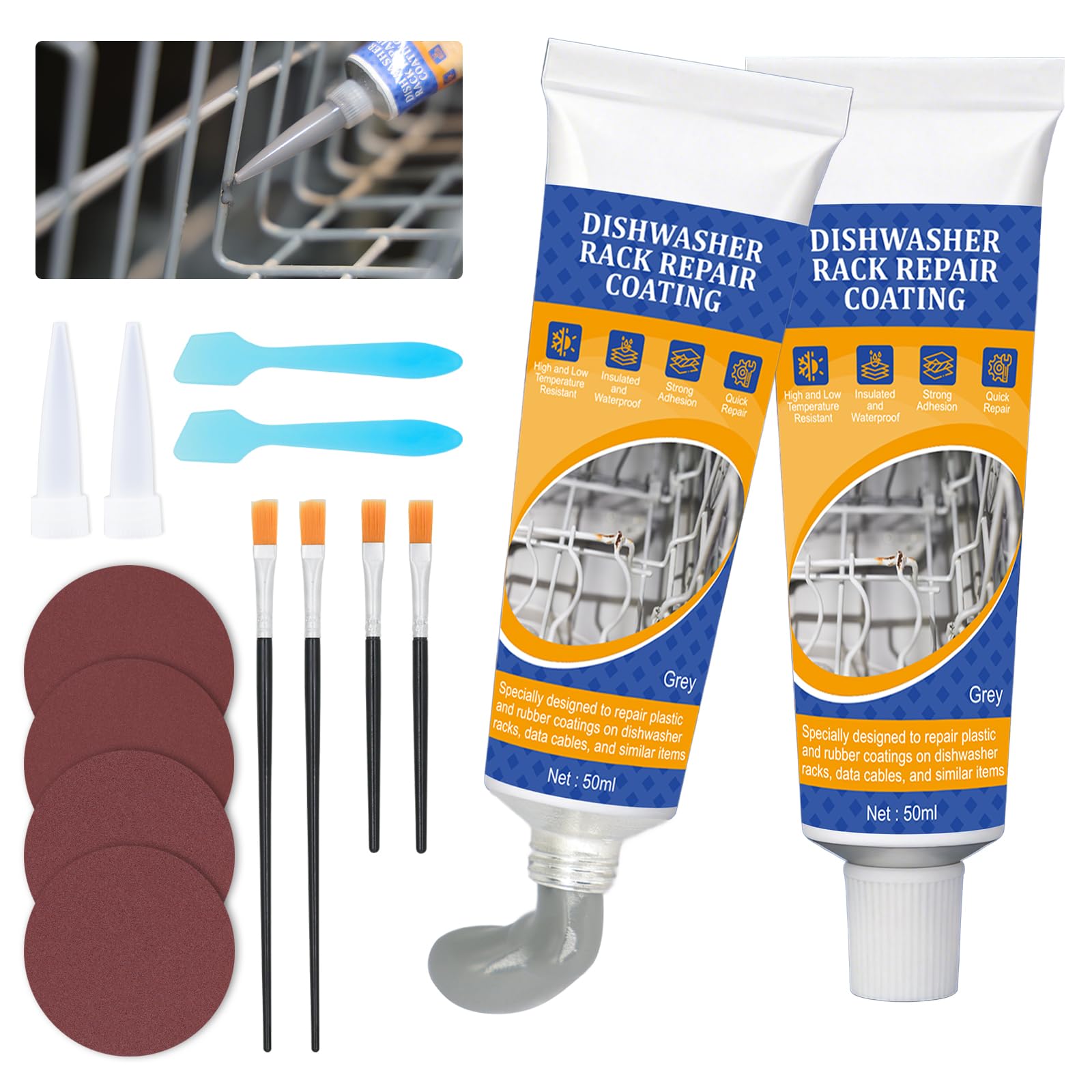 2 x 50ml Preparat Antykorozyjny Do Kosza Zmywarki Szary | Wodoodporna Powłoka Gumowa Naprawia I Chroni Kosze Zmywarki Przed Rdzą
