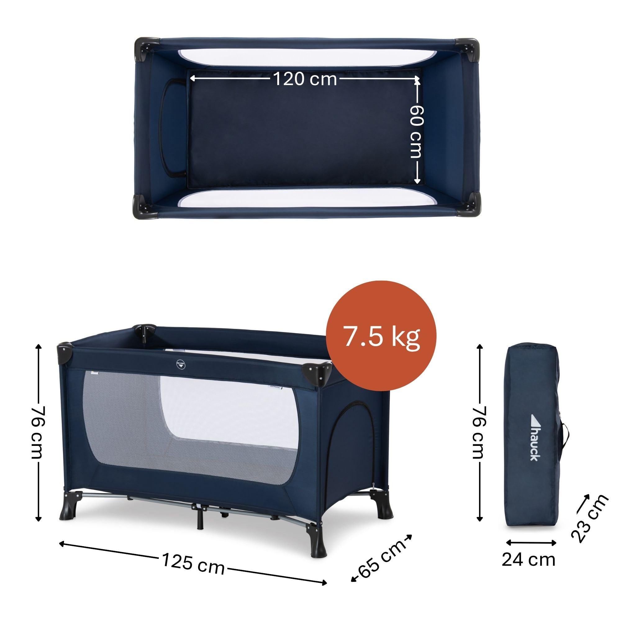 hauck Lit Parapluie Bebe Dream N Play Plus 120x60 cm avec Accès Frontale, dès la Naissance à 15 kg, Sac de Transport, Fond Rembourrée, Léger, Pliable et Compact - Navy Aqua