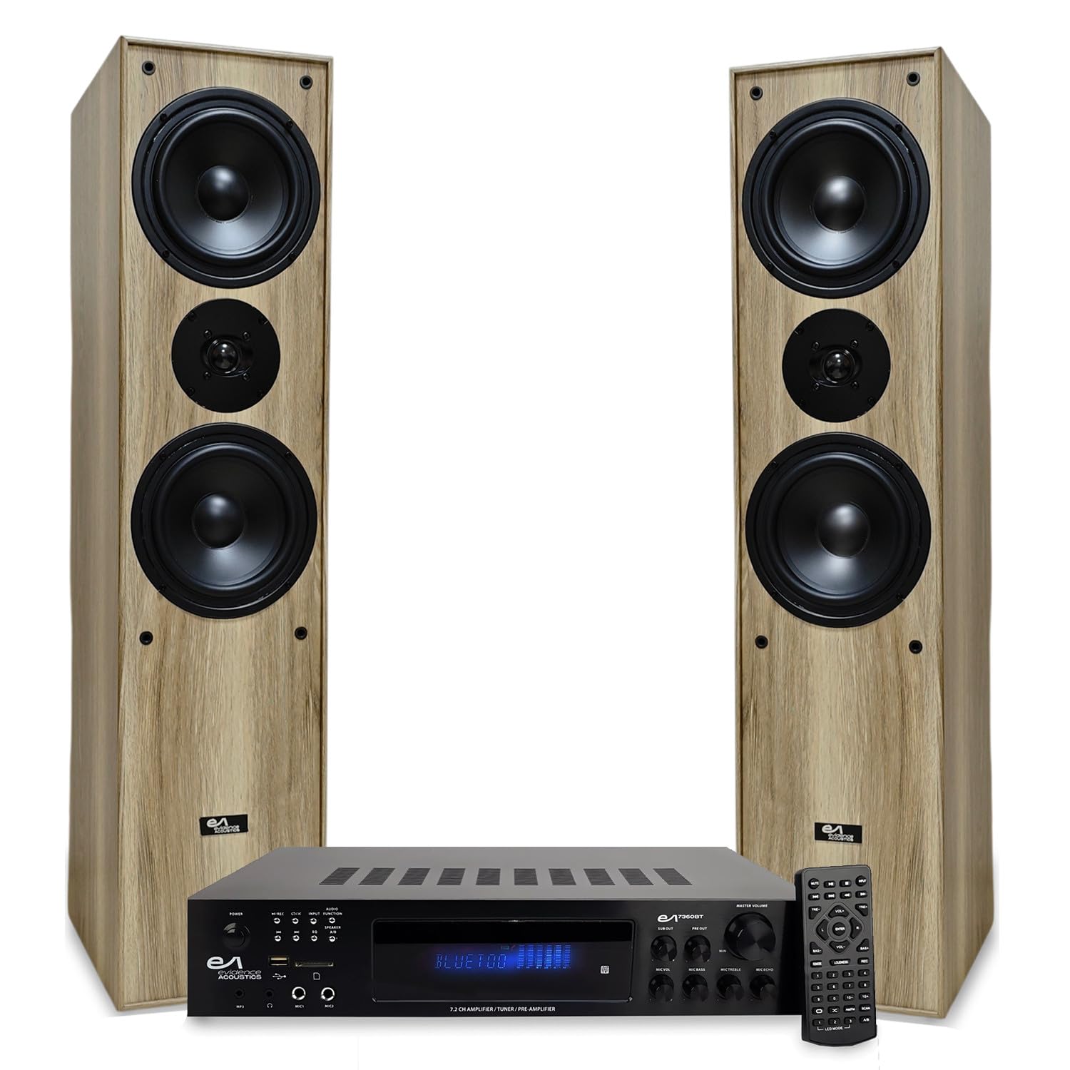 Evidence Acoustics Pack HiFi Home-Cinéma Enceintes Colonne 3 Voies +Ampli Bluetooth USB 1000W PMPO Chêne Clair +clé USB 32G