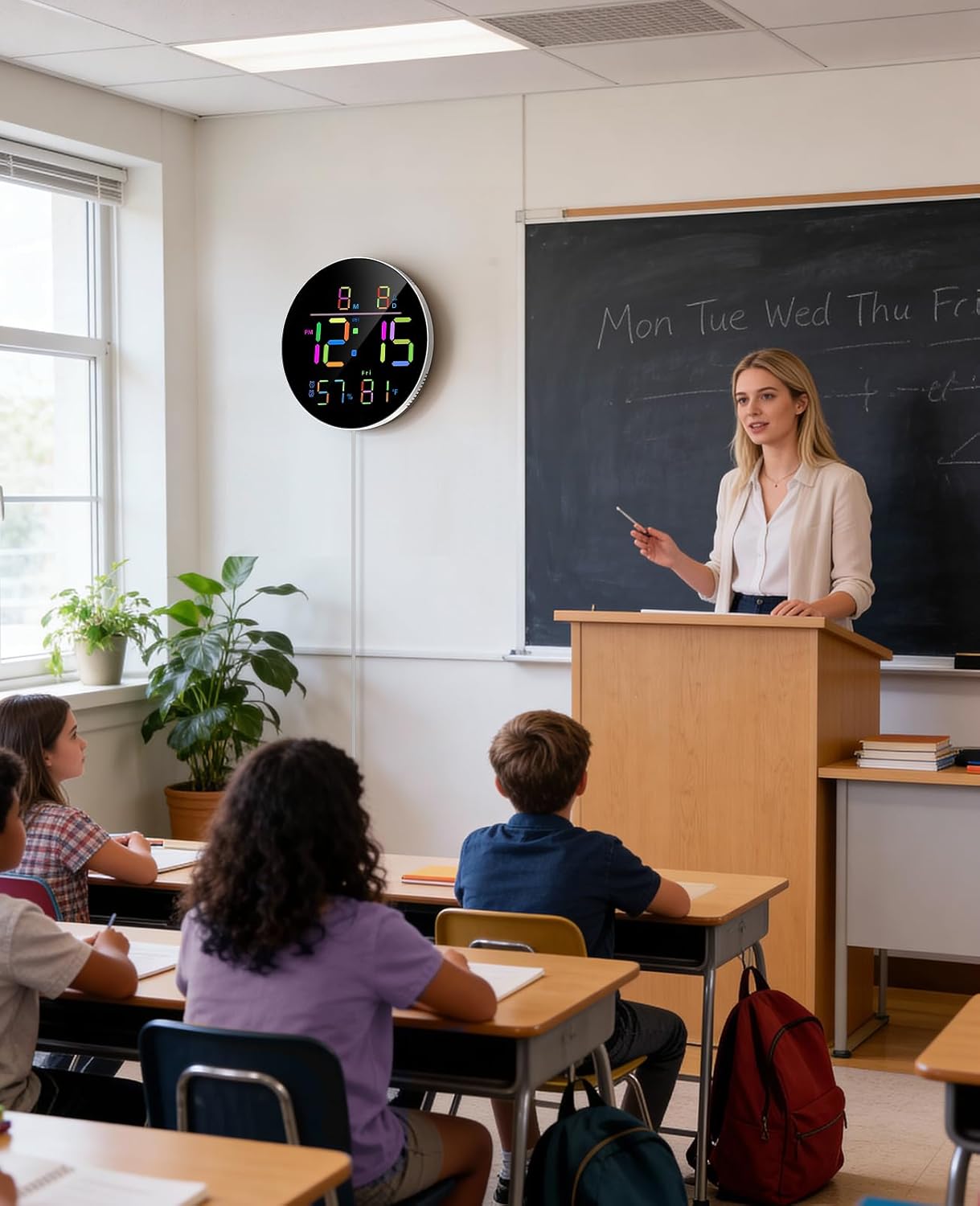 Digital Wall Clock for Classroom, Bedroom, Round 10-Inch Clock Large Display with RGB Color, Night Light, Remote Control, Temperature, Auto Brightness, Volume Control (Adapter Included)