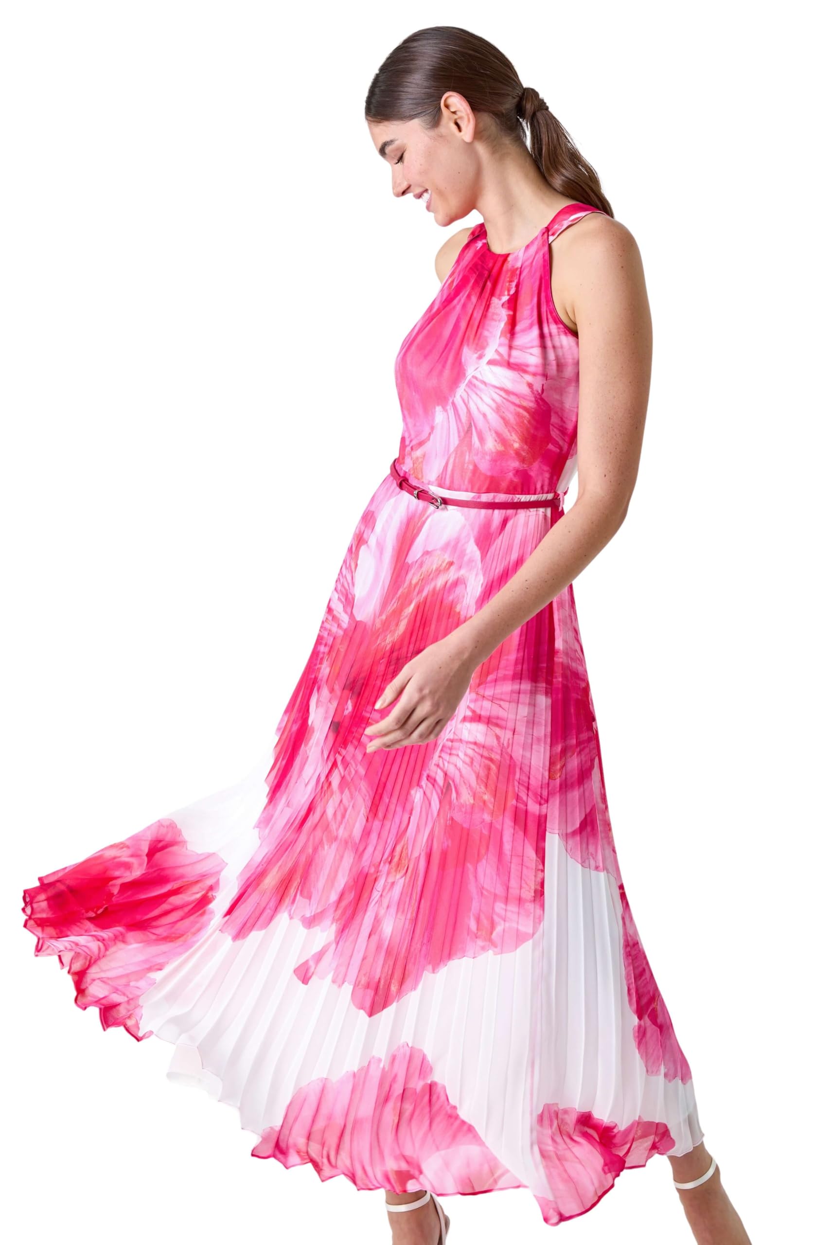 Roman Originals Halterneck Pleated Dress for Women UK Ladies Maxi Midi Sleeveless Formal Wedding Guest Bridemaids Cocktail Party Special Occasion Ascot Races Going Out Evening - Cerise White - Size 16