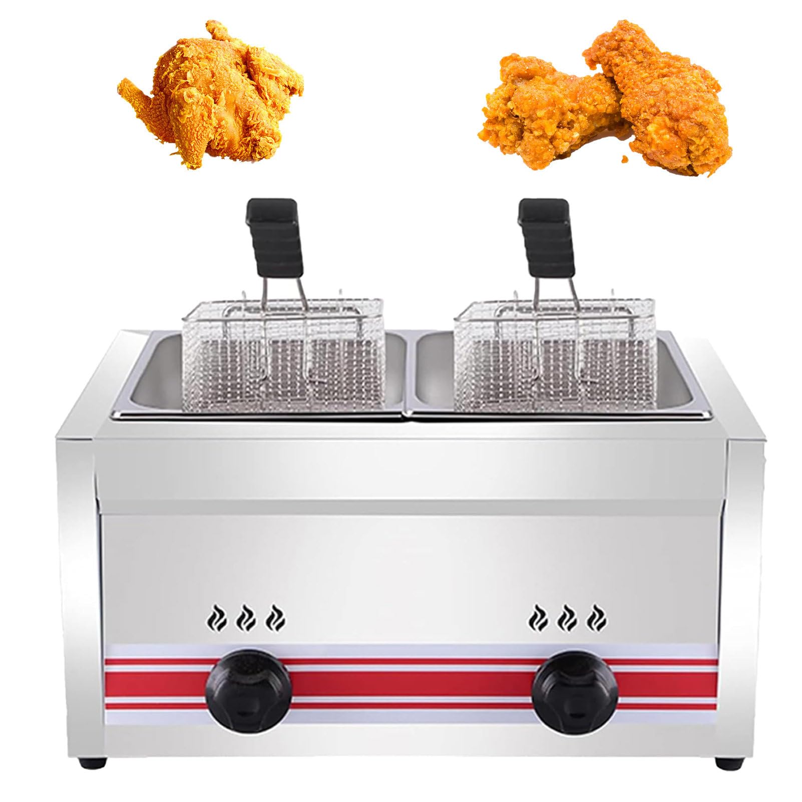 Freidora De Gas LP De Acero Inoxidable, Freidora Industrial De Gas LP De Sobremesa con Dos DepóSitos De 10 L Cada Uno Y 3 Cestas, Ideal para Patatas Fritas 20L